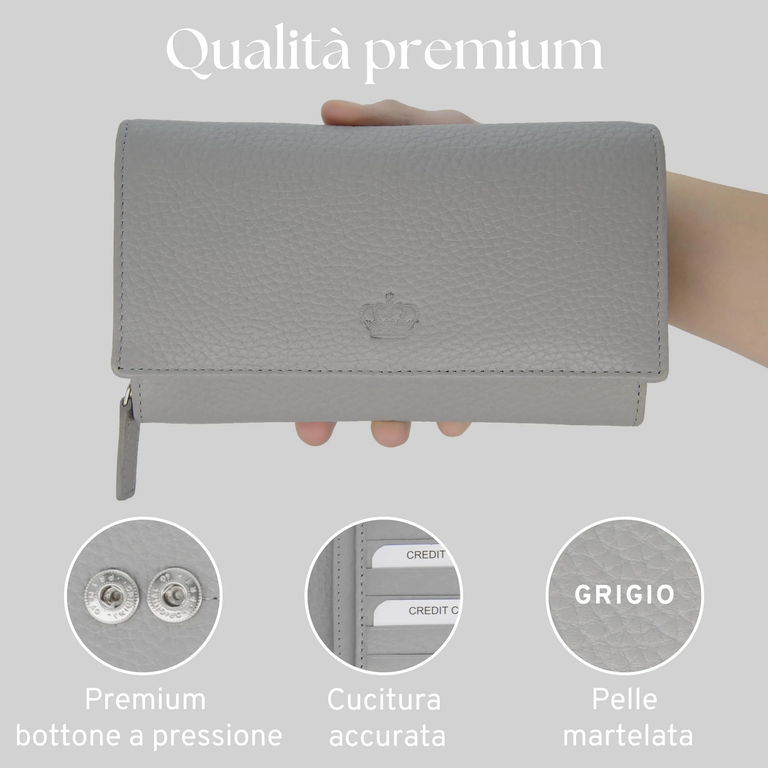 Baur portafoglio da donna XXL – vera pelle con protezione RFID – portafoglio extra grande con 18 scomparti per carte – chiusura a bottone a pressione & tasca portamonete con cerniera (Grigio) - immagine 6