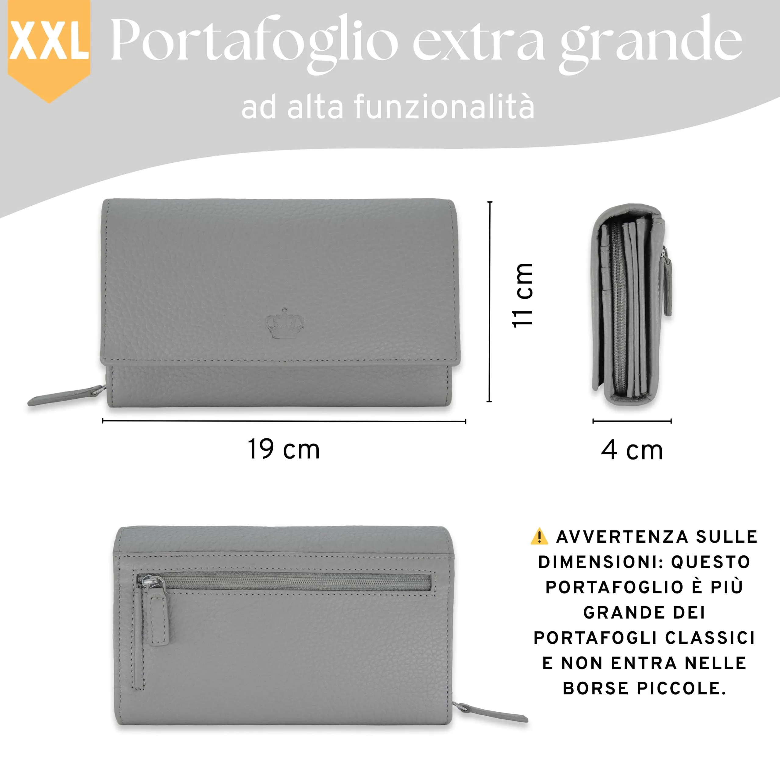 Baur portafoglio da donna XXL – vera pelle con protezione RFID – portafoglio extra grande con 18 scomparti per carte – chiusura a bottone a pressione & tasca portamonete con cerniera (Grigio) - immagine 7