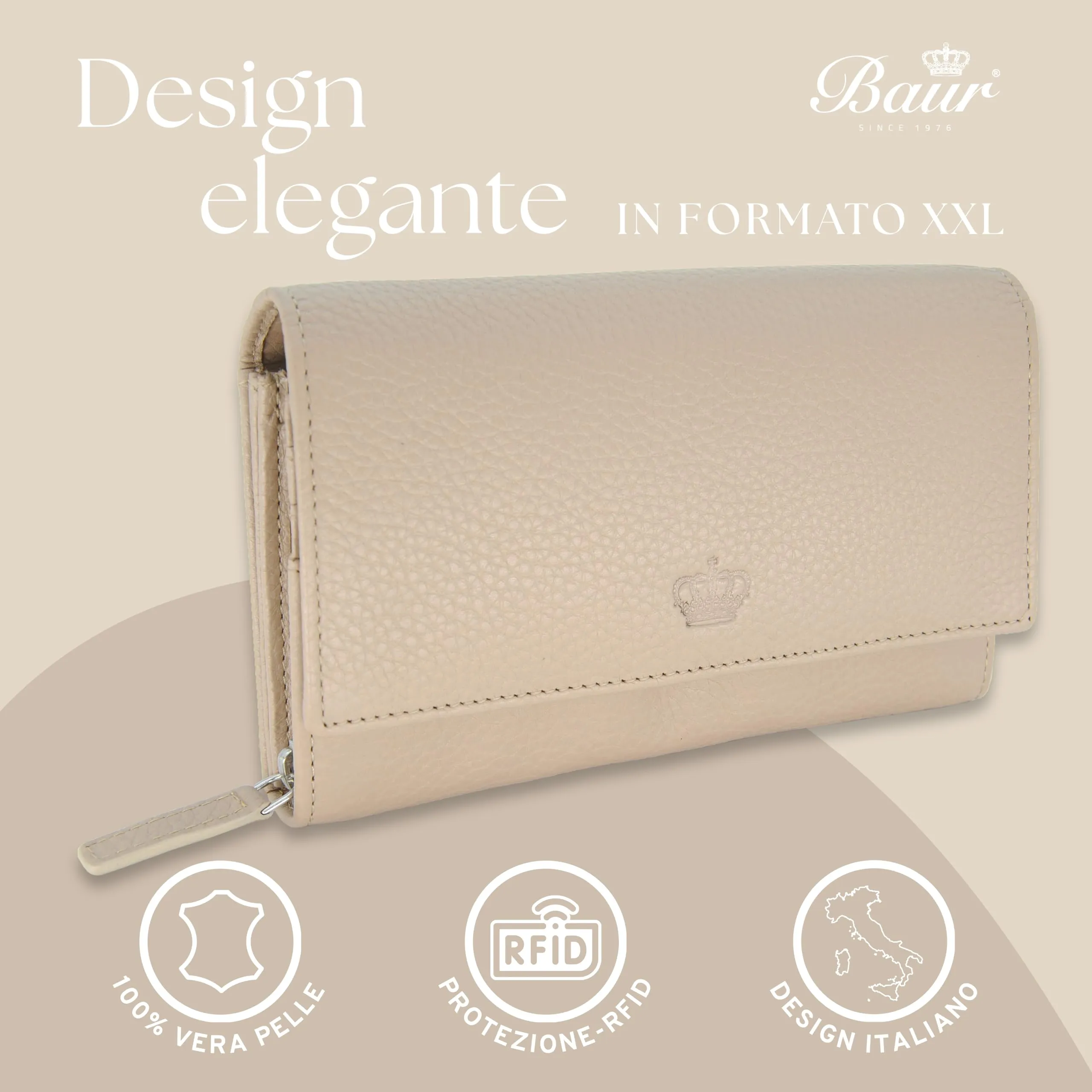 Baur portafoglio da donna XXL – vera pelle con protezione RFID – portafoglio extra grande con 18 scomparti per carte – chiusura a bottone a pressione & tasca portamonete con cerniera (Talpa) - immagine 2