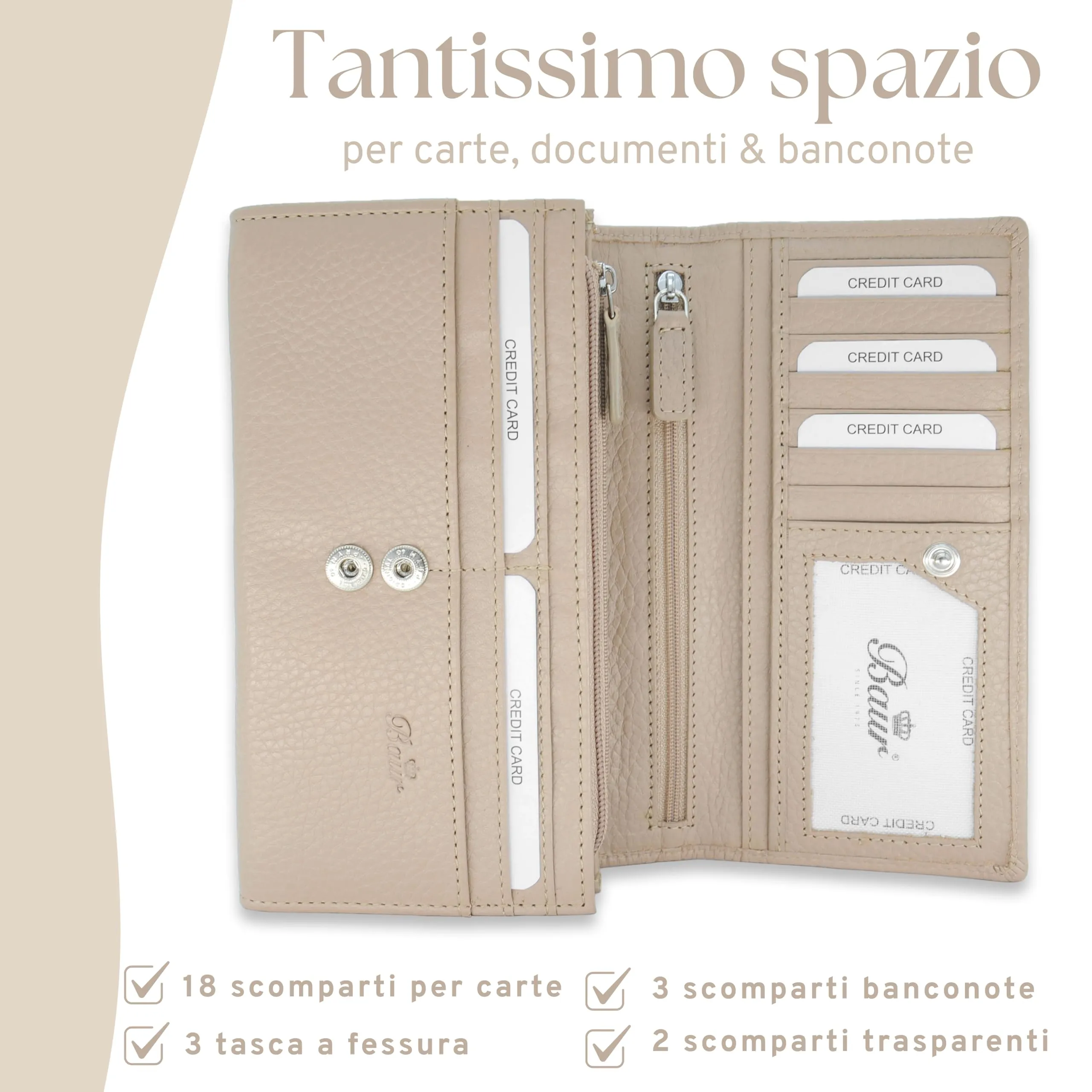 Baur portafoglio da donna XXL – vera pelle con protezione RFID – portafoglio extra grande con 18 scomparti per carte – chiusura a bottone a pressione & tasca portamonete con cerniera (Talpa) - immagine 4