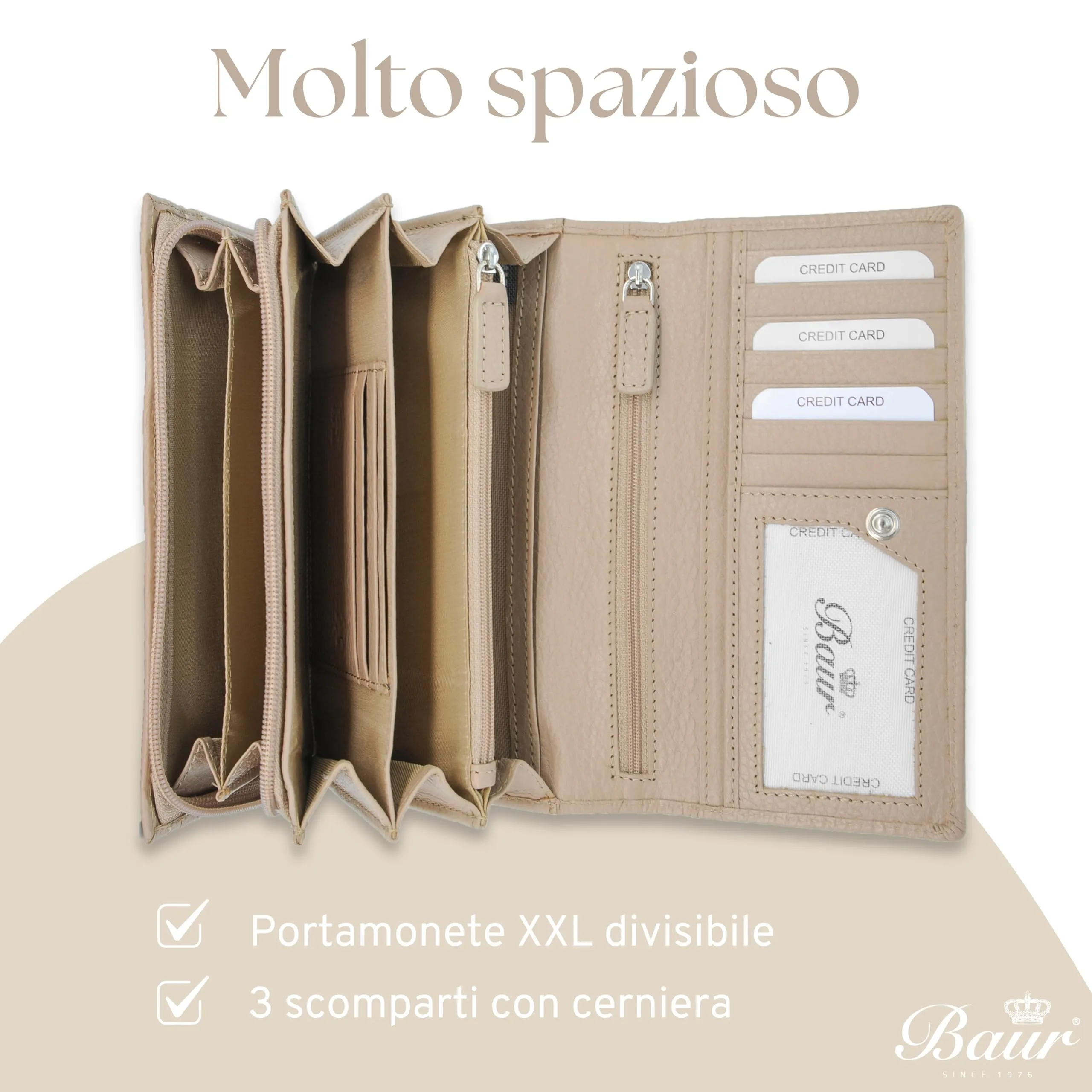 Baur portafoglio da donna XXL – vera pelle con protezione RFID – portafoglio extra grande con 18 scomparti per carte – chiusura a bottone a pressione & tasca portamonete con cerniera (Talpa) - immagine 5