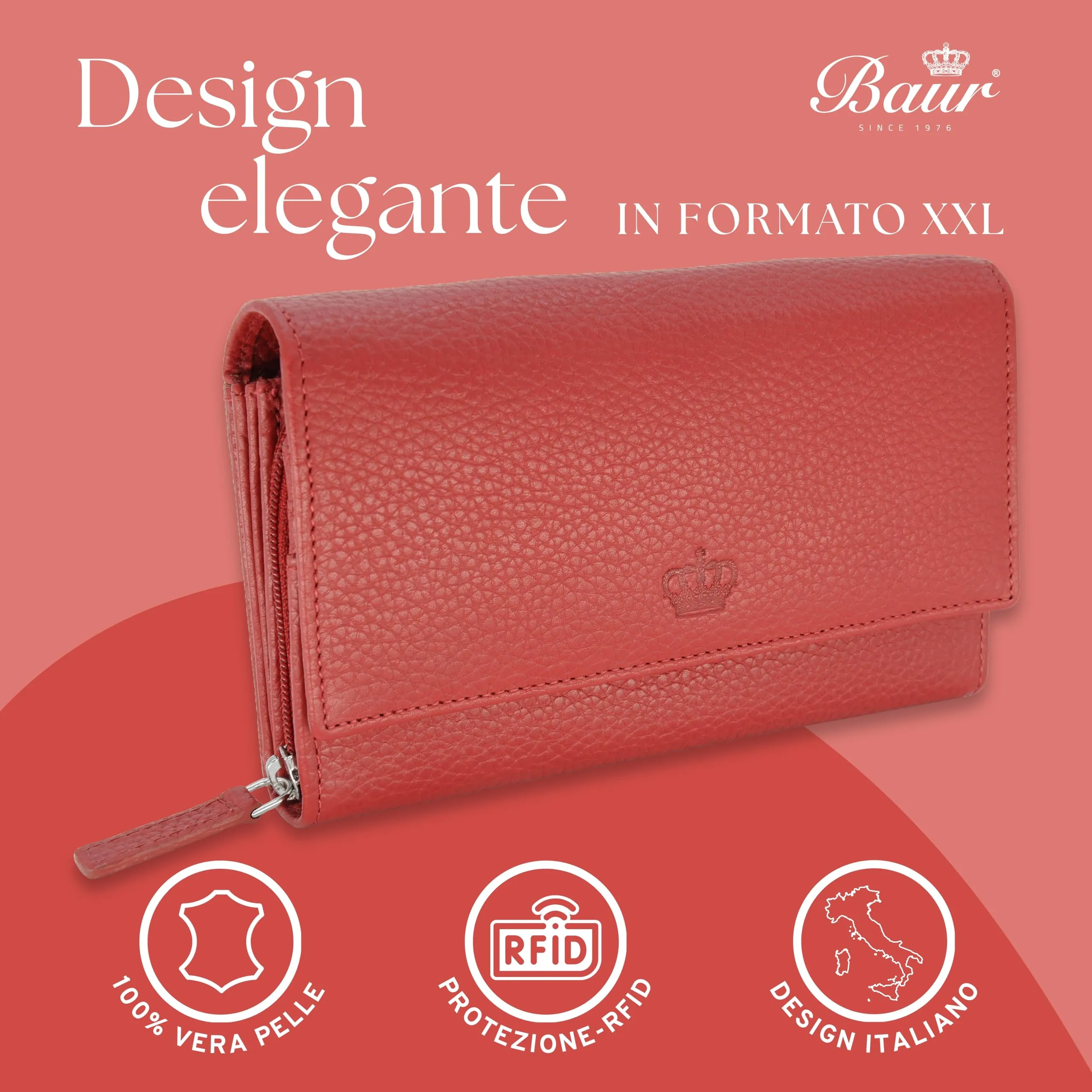 Baur portafoglio da donna XXL – vera pelle con protezione RFID – portafoglio extra grande con 18 scomparti per carte – chiusura a bottone a pressione & tasca portamonete con cerniera (Rosso) - immagine 2