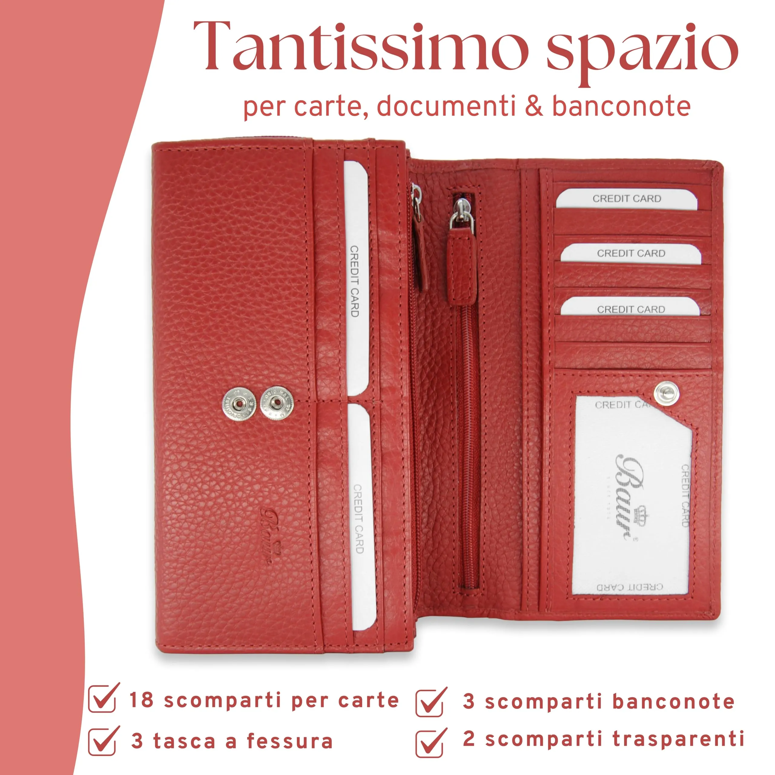 Baur portafoglio da donna XXL – vera pelle con protezione RFID – portafoglio extra grande con 18 scomparti per carte – chiusura a bottone a pressione & tasca portamonete con cerniera (Rosso) - immagine 4