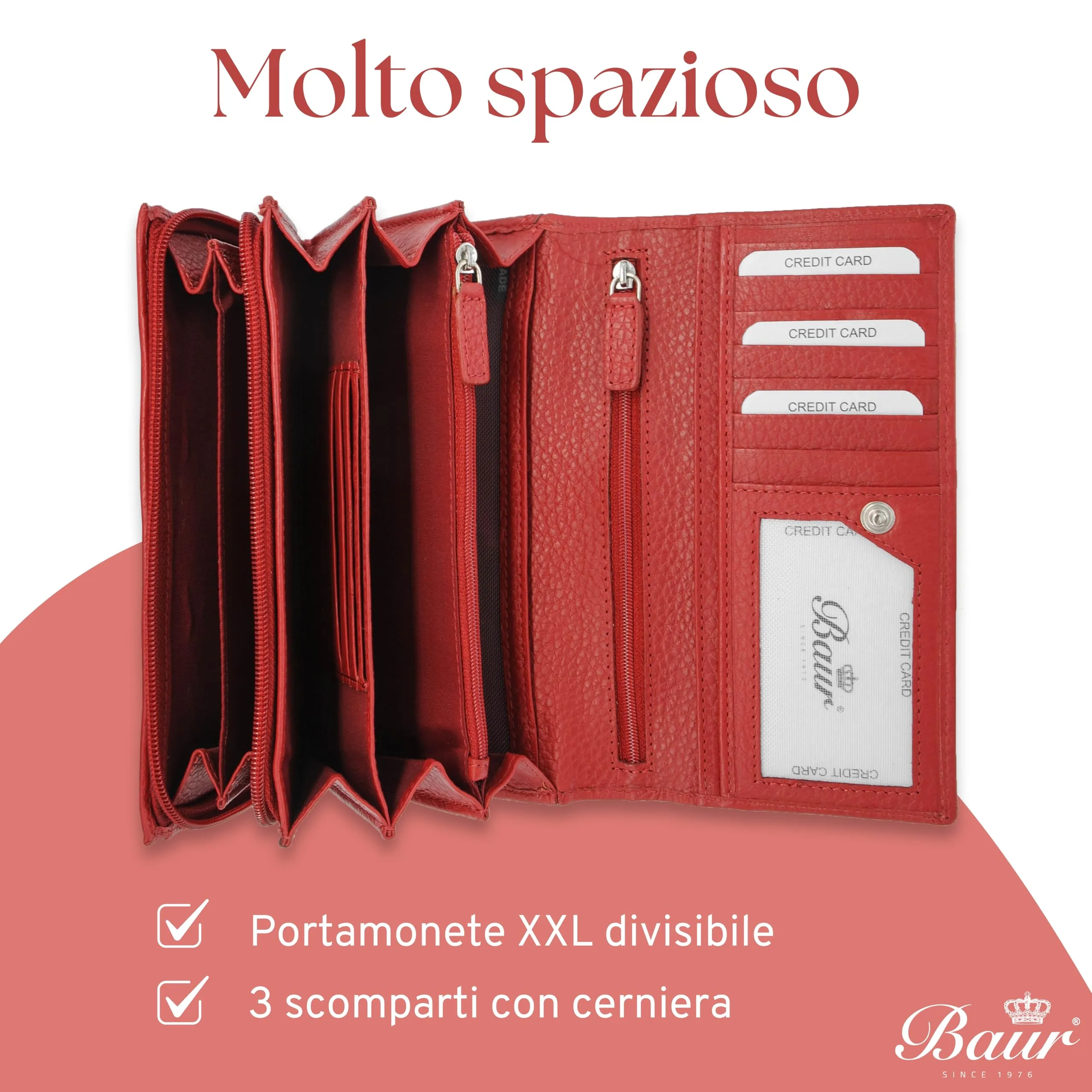 Baur portafoglio da donna XXL – vera pelle con protezione RFID – portafoglio extra grande con 18 scomparti per carte – chiusura a bottone a pressione & tasca portamonete con cerniera (Rosso) - immagine 5