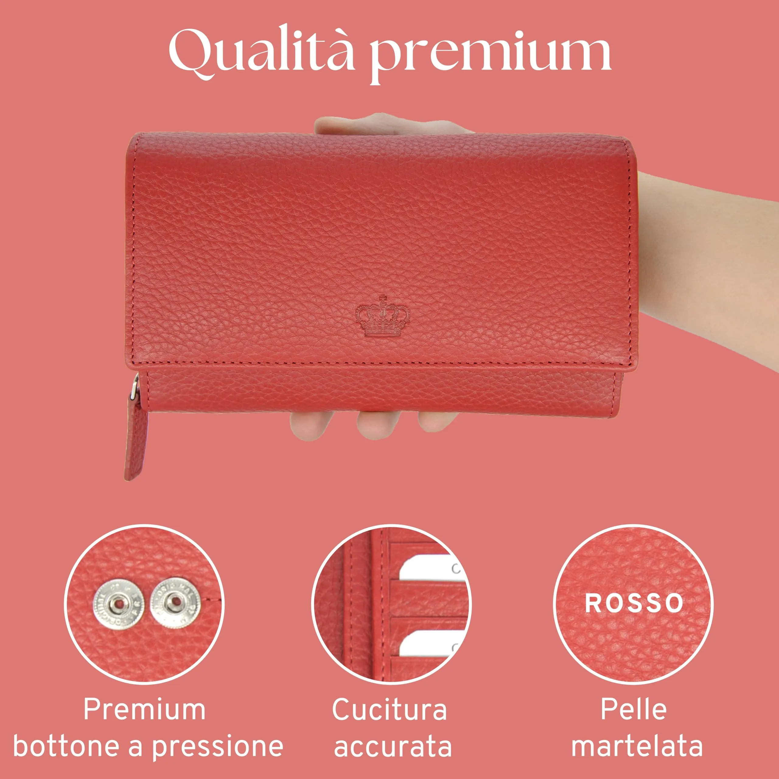 Baur portafoglio da donna XXL – vera pelle con protezione RFID – portafoglio extra grande con 18 scomparti per carte – chiusura a bottone a pressione & tasca portamonete con cerniera (Rosso) - immagine 6