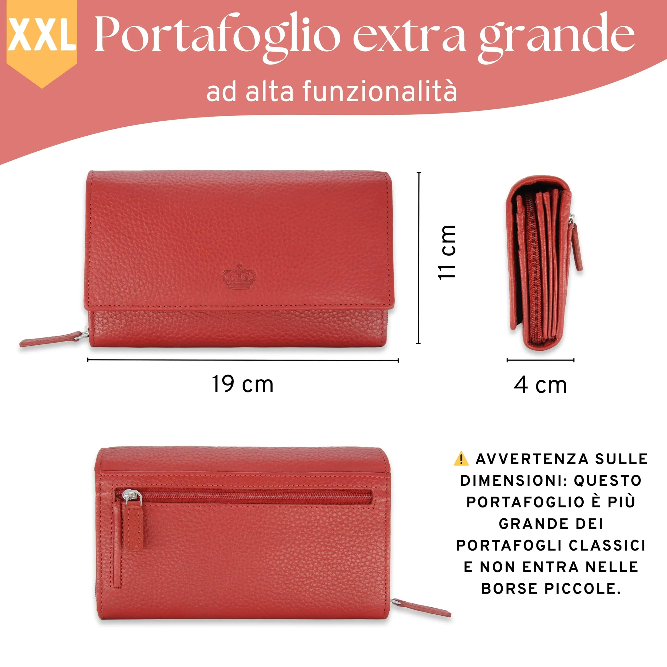Baur portafoglio da donna XXL – vera pelle con protezione RFID – portafoglio extra grande con 18 scomparti per carte – chiusura a bottone a pressione & tasca portamonete con cerniera (Rosso) - immagine 7