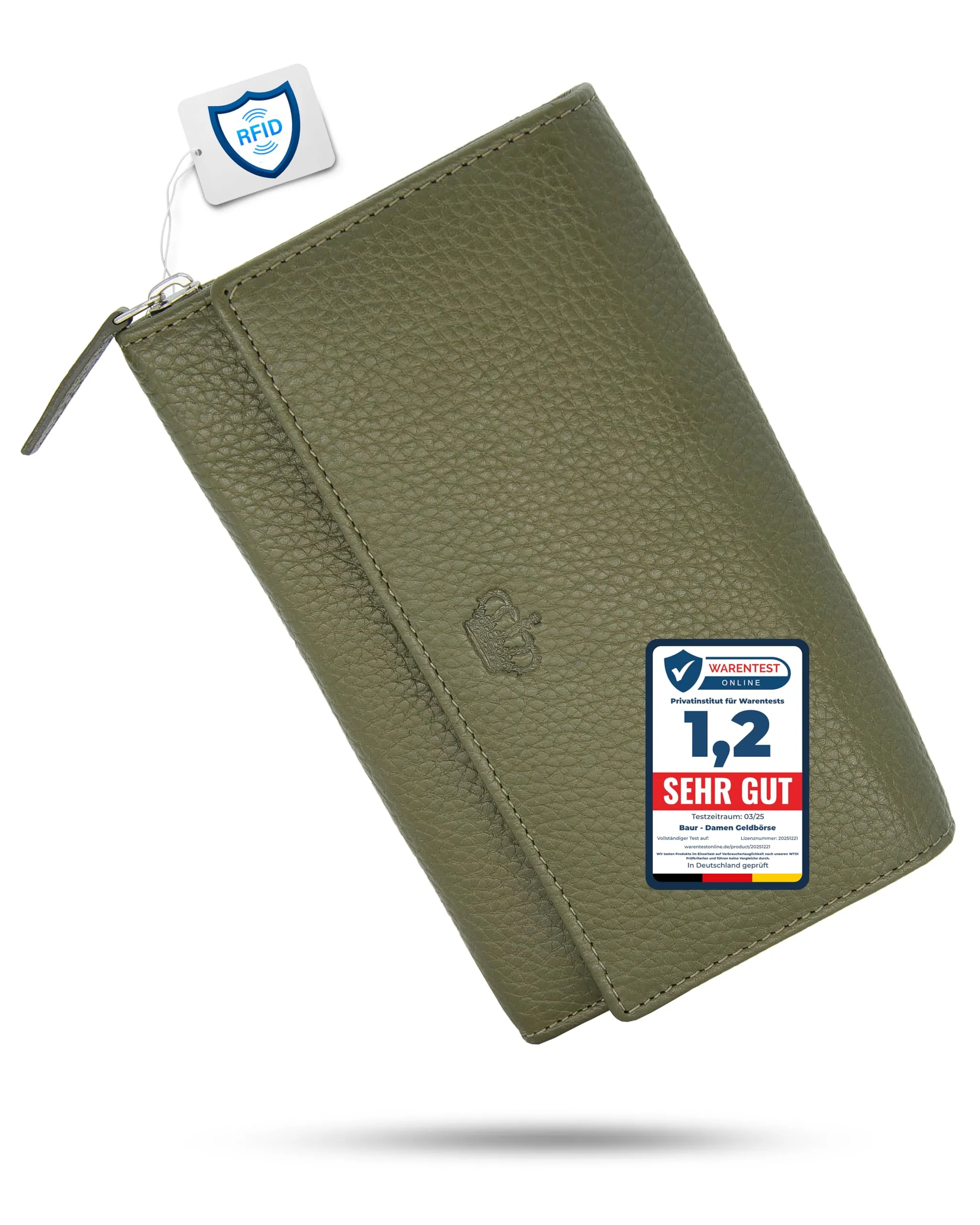 Baur portafoglio da donna XXL – vera pelle con protezione RFID – portafoglio extra grande con 18 scomparti per carte – chiusura a bottone a pressione & tasca portamonete con cerniera (Verde oliva) - immagine 1