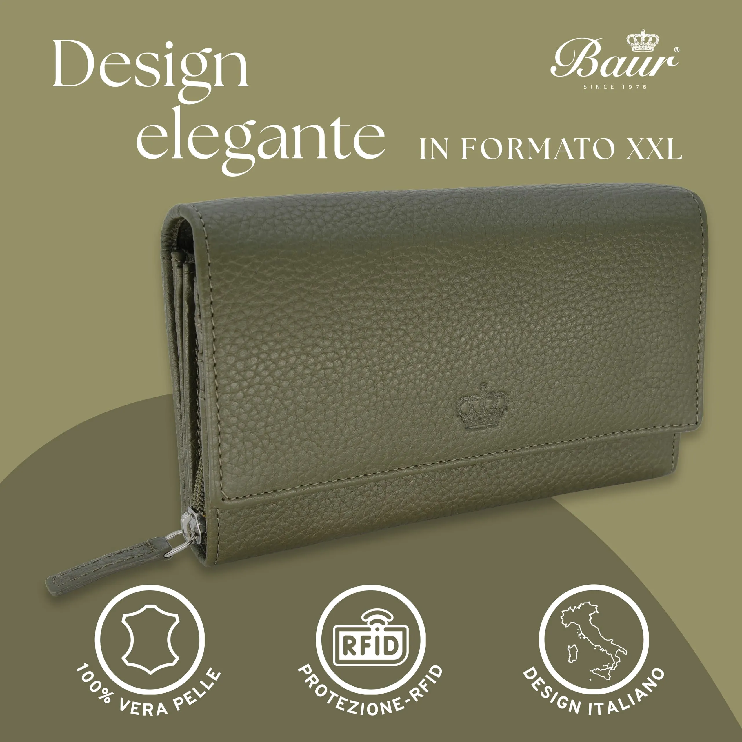 Baur portafoglio da donna XXL – vera pelle con protezione RFID – portafoglio extra grande con 18 scomparti per carte – chiusura a bottone a pressione & tasca portamonete con cerniera (Verde oliva) - immagine 2