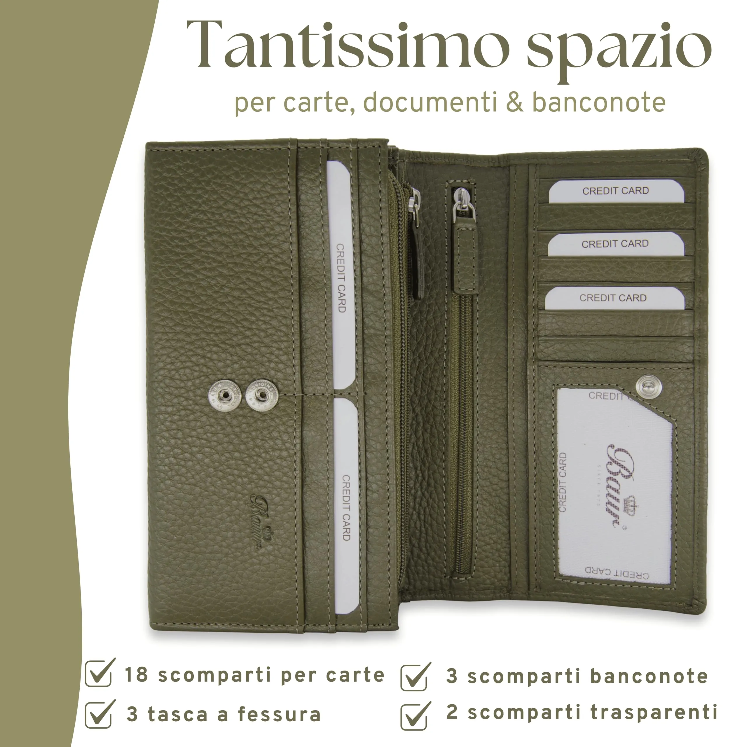 Baur portafoglio da donna XXL – vera pelle con protezione RFID – portafoglio extra grande con 18 scomparti per carte – chiusura a bottone a pressione & tasca portamonete con cerniera (Verde oliva) - immagine 4