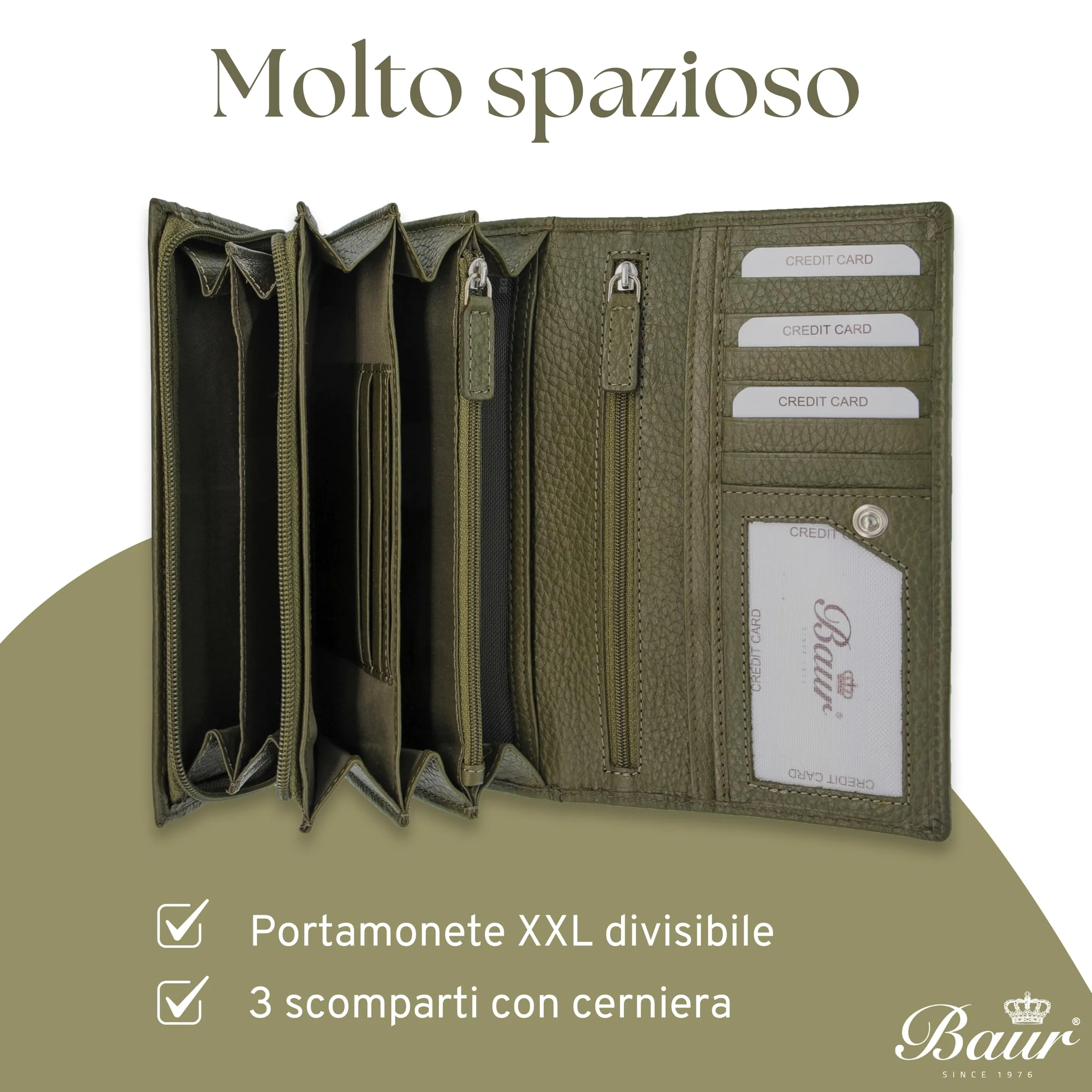 Baur portafoglio da donna XXL – vera pelle con protezione RFID – portafoglio extra grande con 18 scomparti per carte – chiusura a bottone a pressione & tasca portamonete con cerniera (Verde oliva) - immagine 5