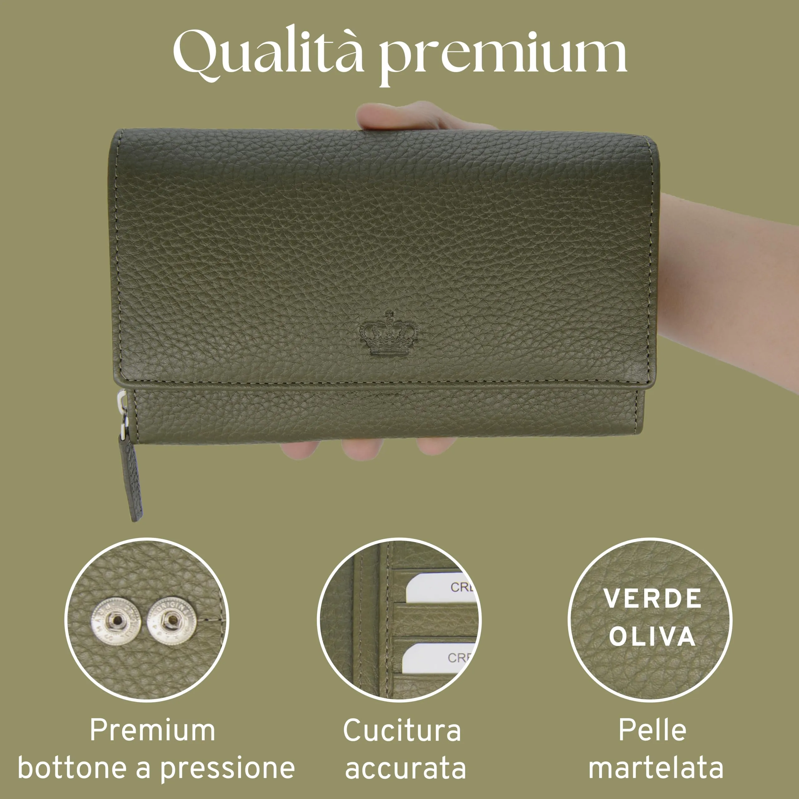 Baur portafoglio da donna XXL – vera pelle con protezione RFID – portafoglio extra grande con 18 scomparti per carte – chiusura a bottone a pressione & tasca portamonete con cerniera (Verde oliva) - immagine 6