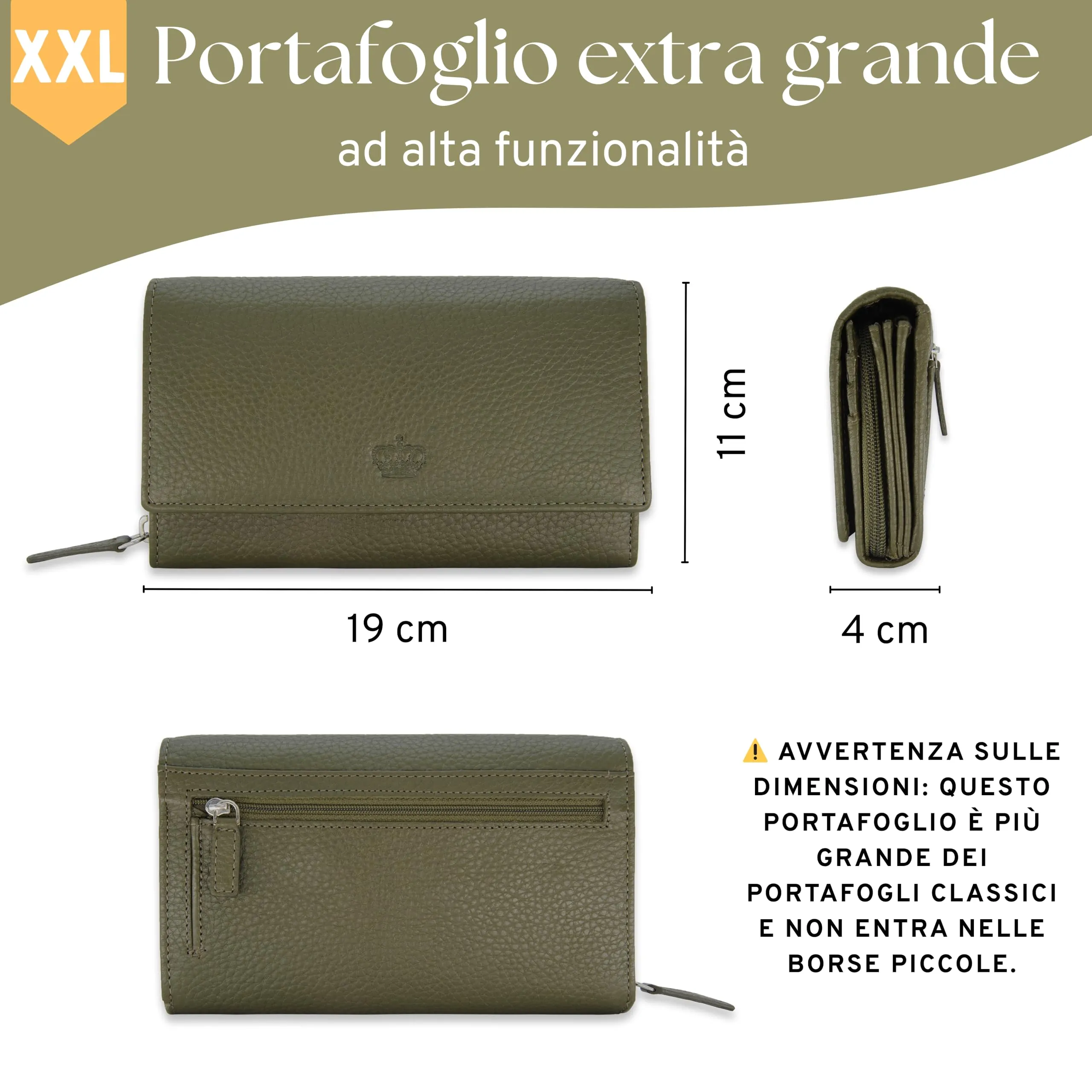 Baur portafoglio da donna XXL – vera pelle con protezione RFID – portafoglio extra grande con 18 scomparti per carte – chiusura a bottone a pressione & tasca portamonete con cerniera (Verde oliva) - immagine 7