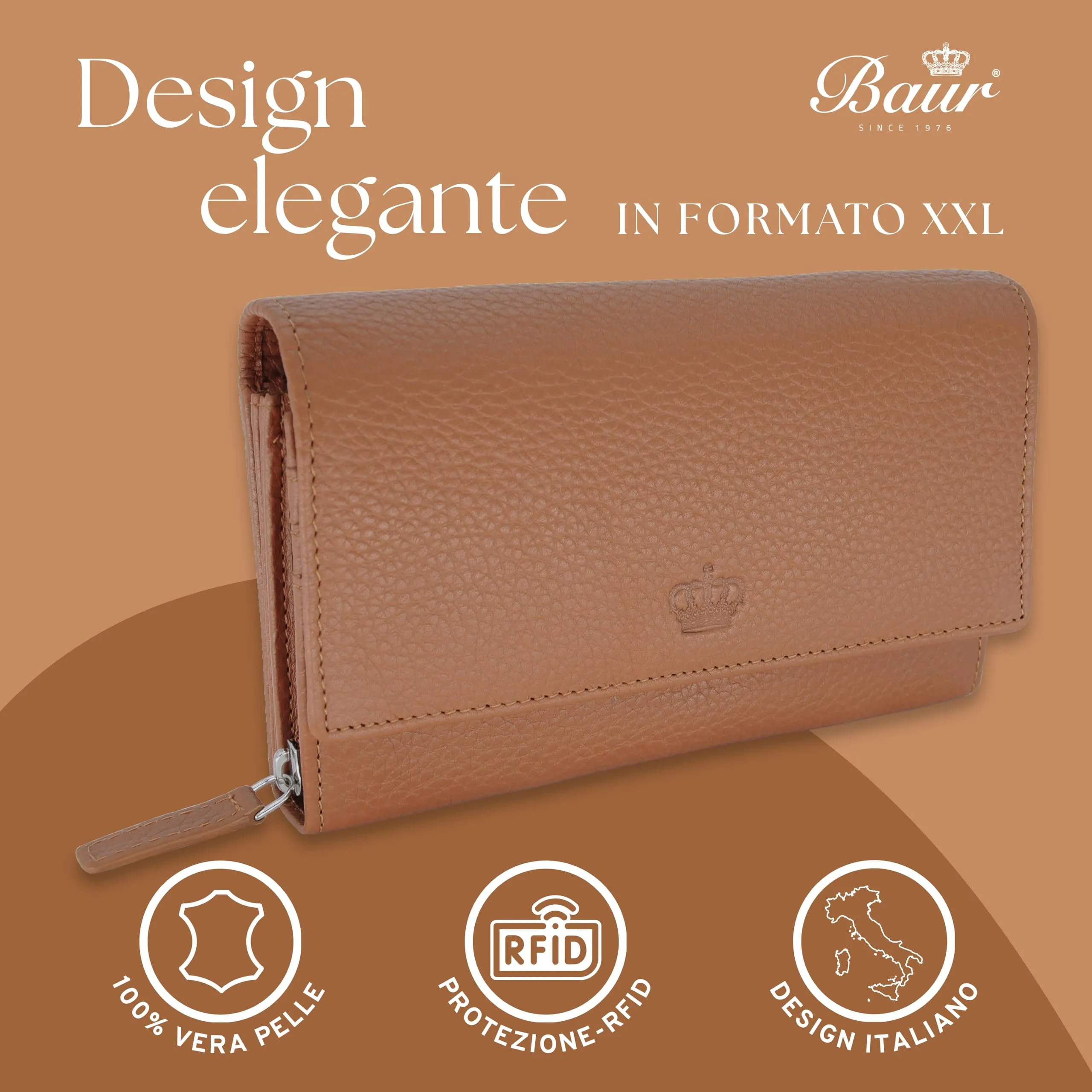 Baur portafoglio da donna XXL – vera pelle con protezione RFID – portafoglio extra grande con 18 scomparti per carte – chiusura a bottone a pressione & tasca portamonete con cerniera (Cognac) - immagine 2