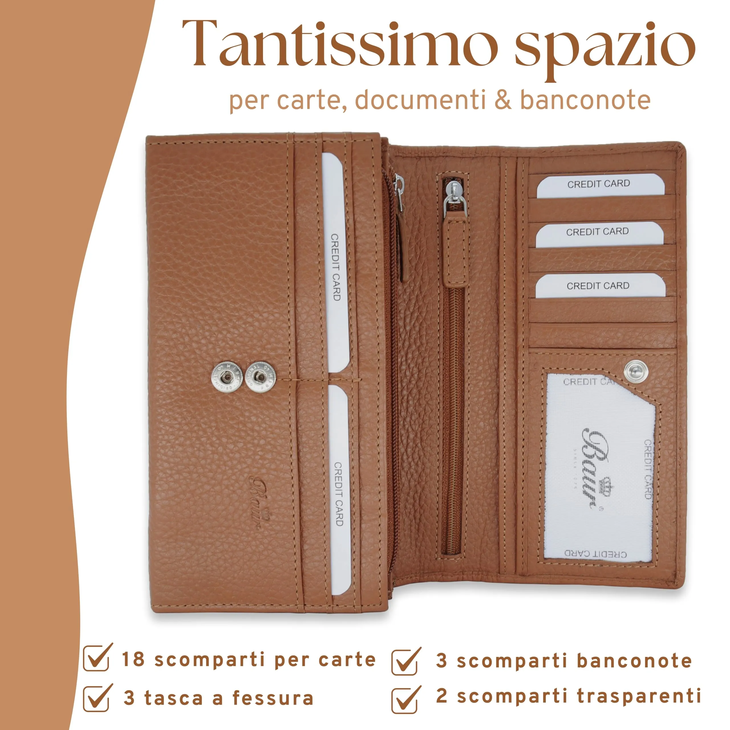 Baur portafoglio da donna XXL – vera pelle con protezione RFID – portafoglio extra grande con 18 scomparti per carte – chiusura a bottone a pressione & tasca portamonete con cerniera (Cognac) - immagine 4