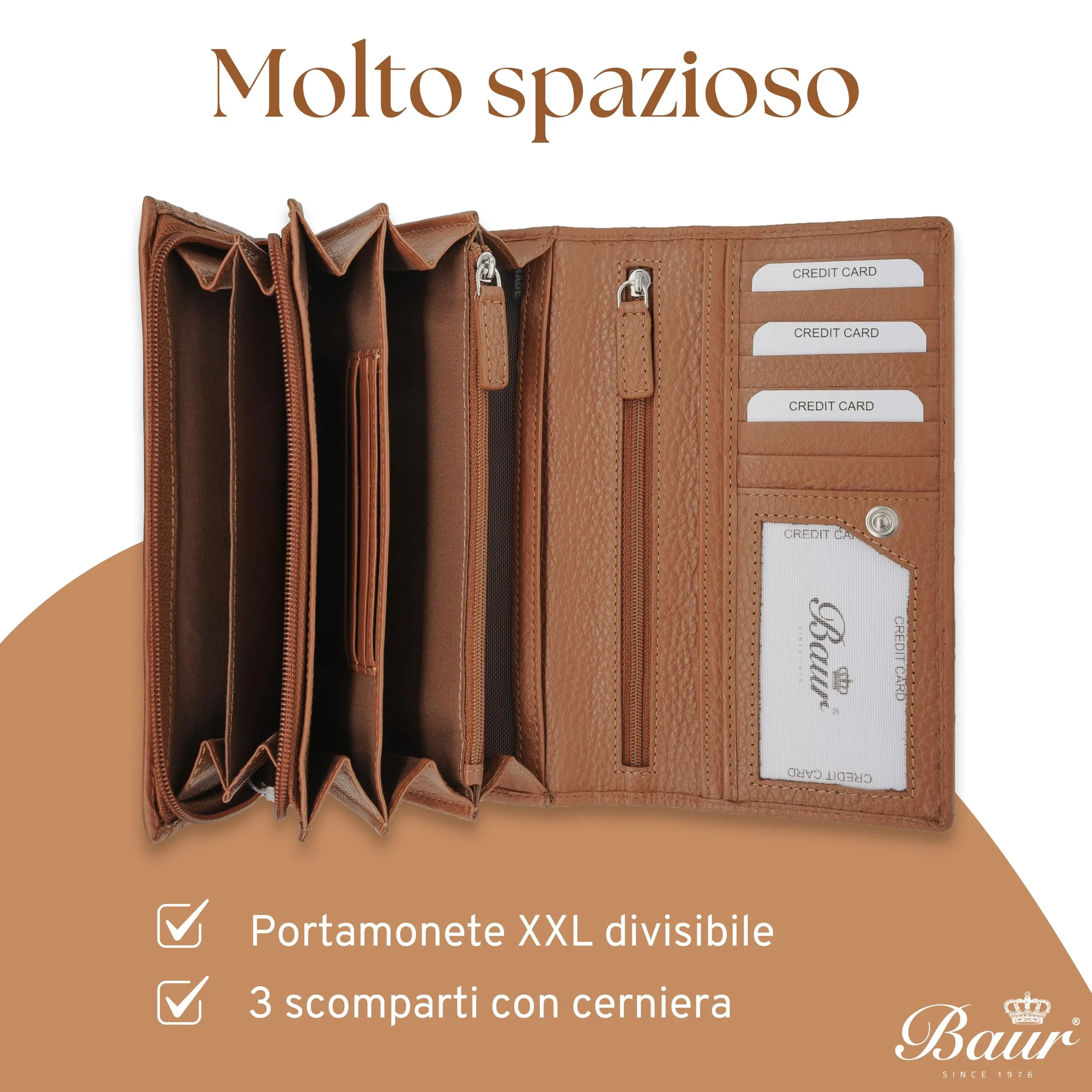 Baur portafoglio da donna XXL – vera pelle con protezione RFID – portafoglio extra grande con 18 scomparti per carte – chiusura a bottone a pressione & tasca portamonete con cerniera (Cognac) - immagine 5