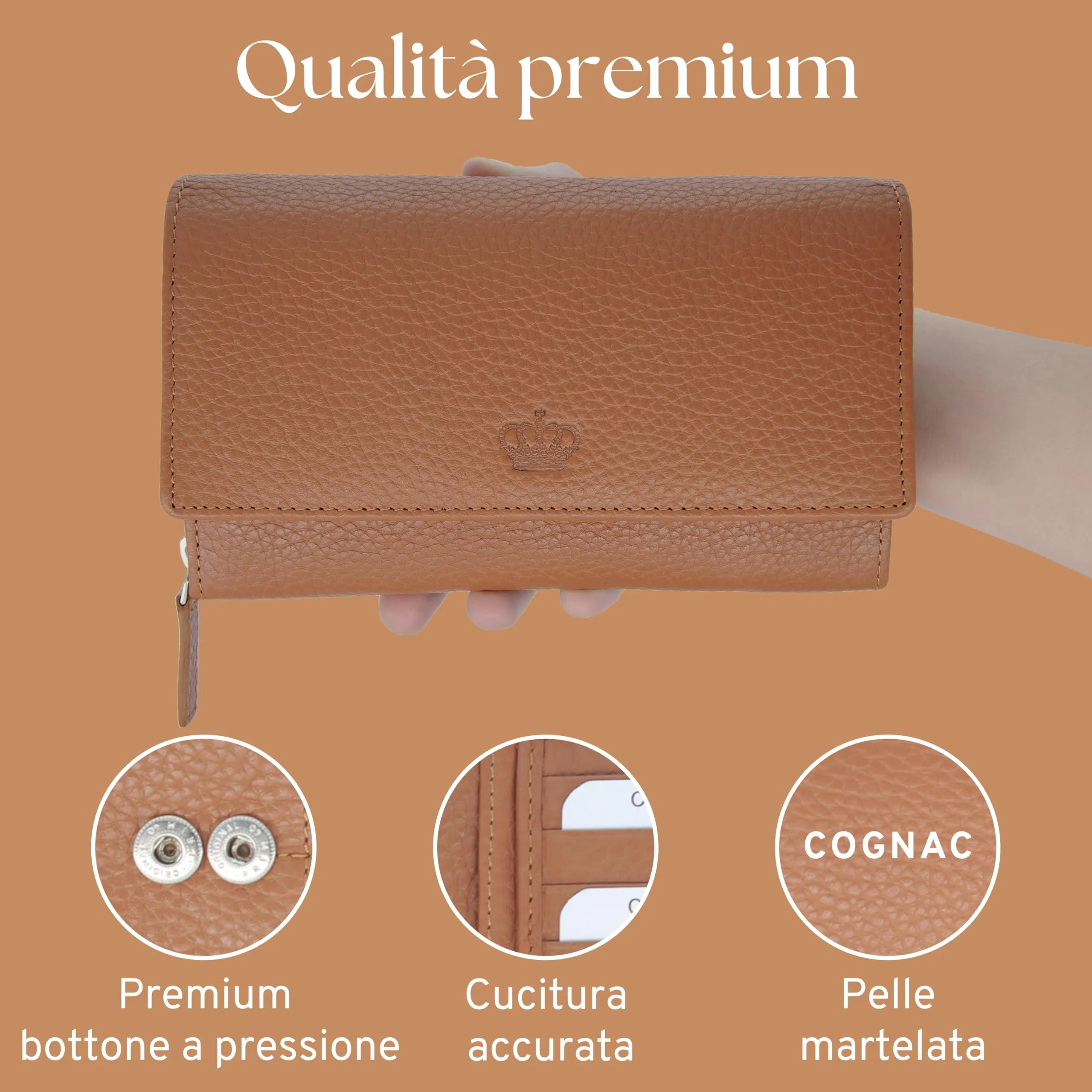 Baur portafoglio da donna XXL – vera pelle con protezione RFID – portafoglio extra grande con 18 scomparti per carte – chiusura a bottone a pressione & tasca portamonete con cerniera (Cognac) - immagine 6