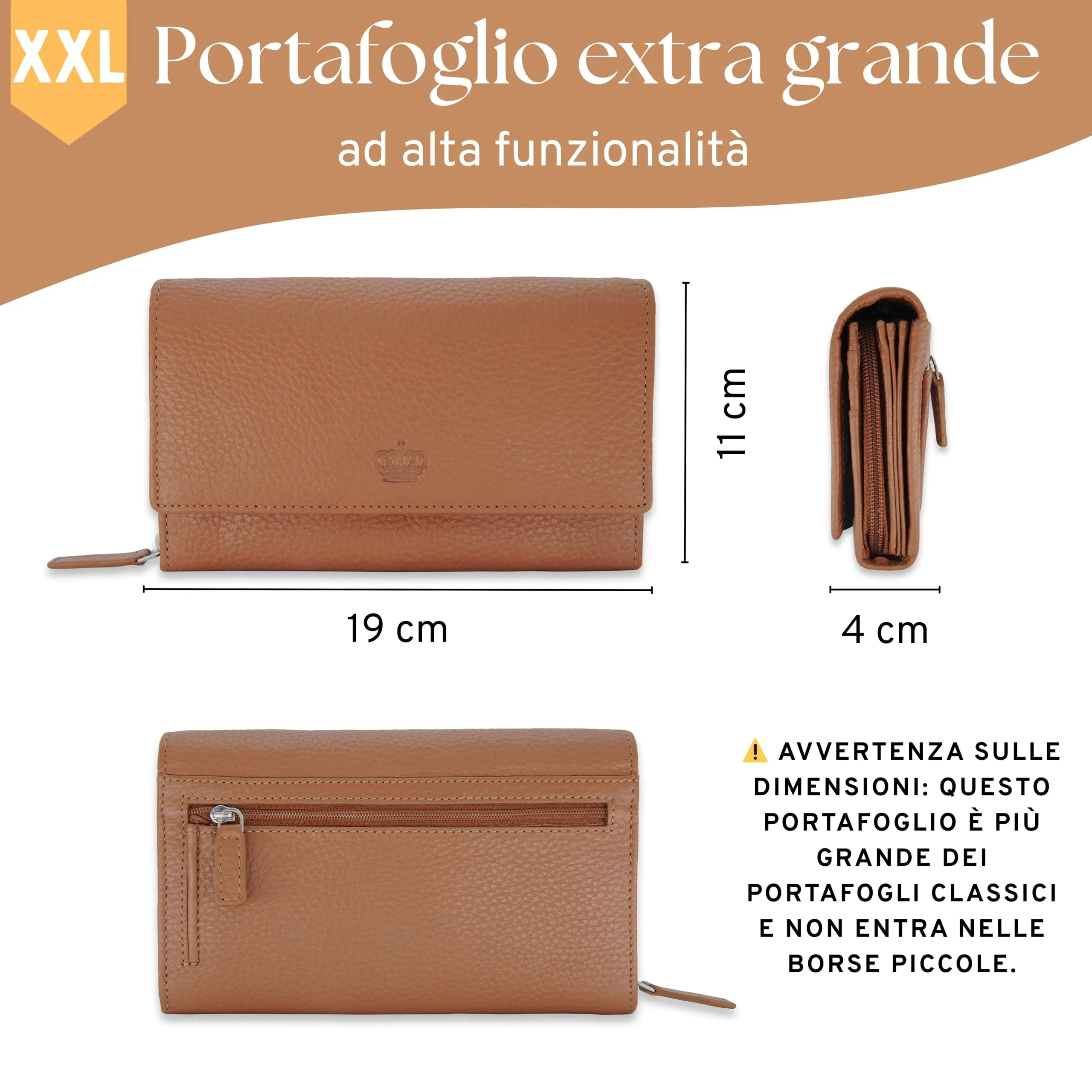 Baur portafoglio da donna XXL – vera pelle con protezione RFID – portafoglio extra grande con 18 scomparti per carte – chiusura a bottone a pressione & tasca portamonete con cerniera (Cognac) - immagine 7