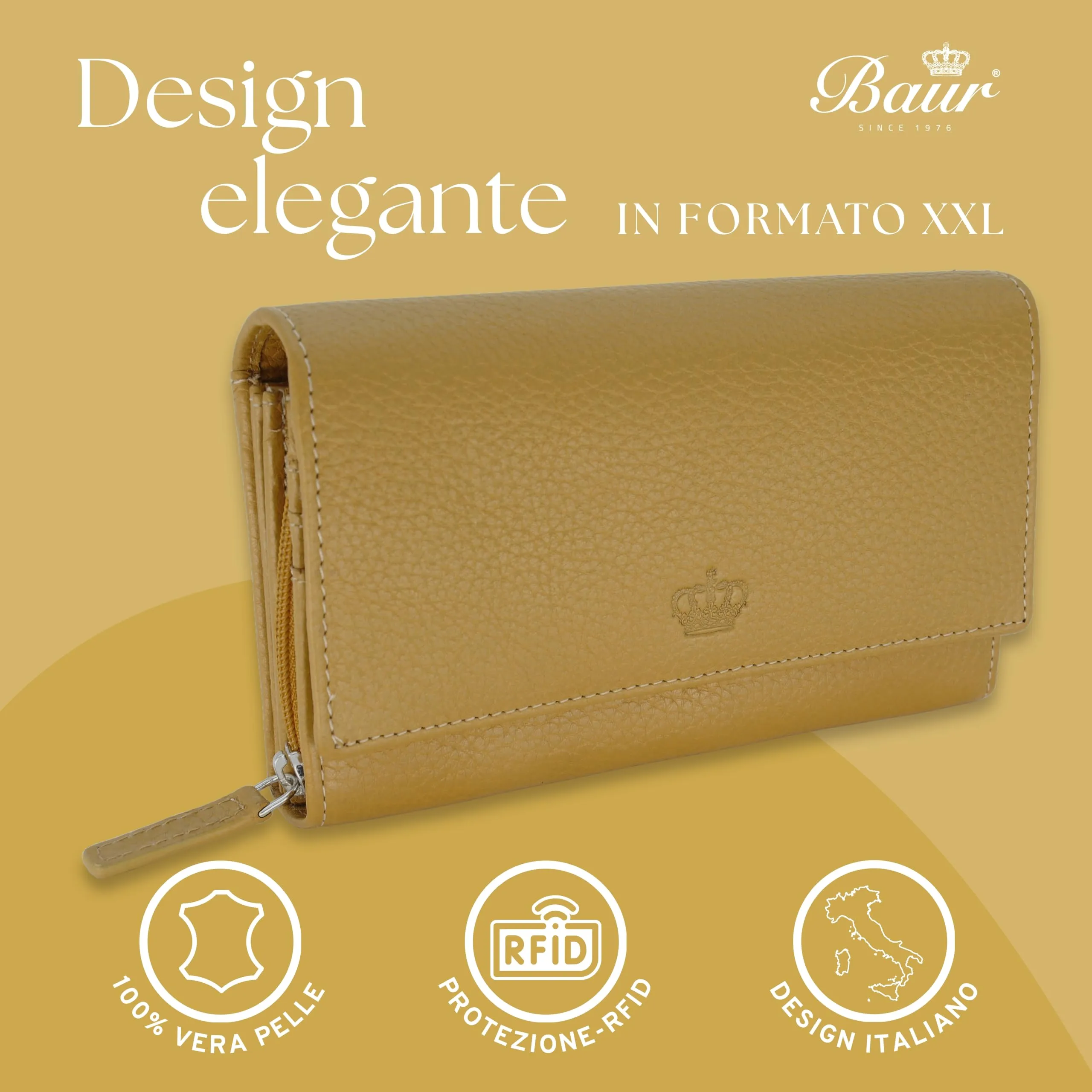 Baur portafoglio da donna XXL – vera pelle con protezione RFID – portafoglio extra grande con 18 scomparti per carte – chiusura a bottone a pressione & tasca portamonete con cerniera (Giallo senape) - immagine 2