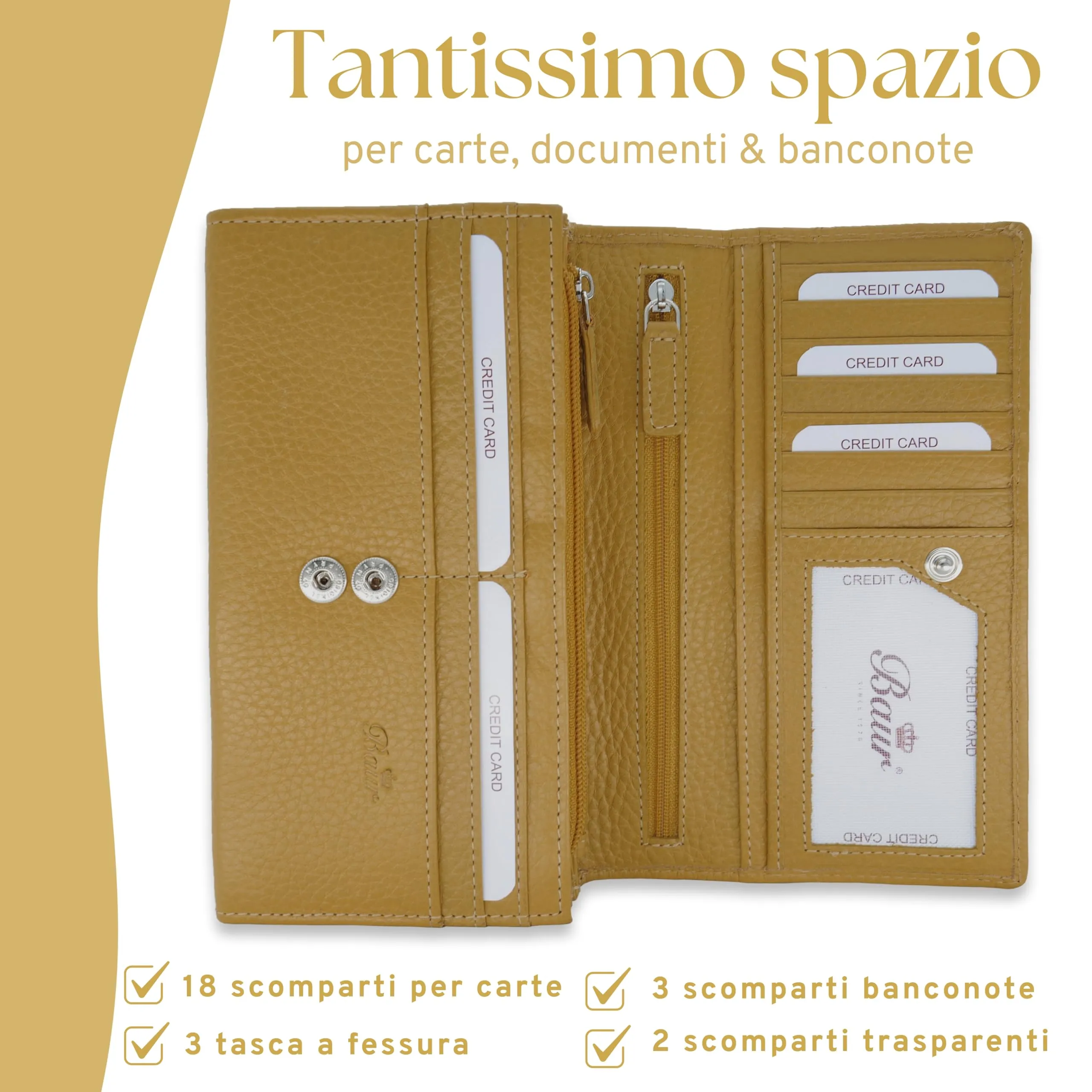 Baur portafoglio da donna XXL – vera pelle con protezione RFID – portafoglio extra grande con 18 scomparti per carte – chiusura a bottone a pressione & tasca portamonete con cerniera (Giallo senape) - immagine 4