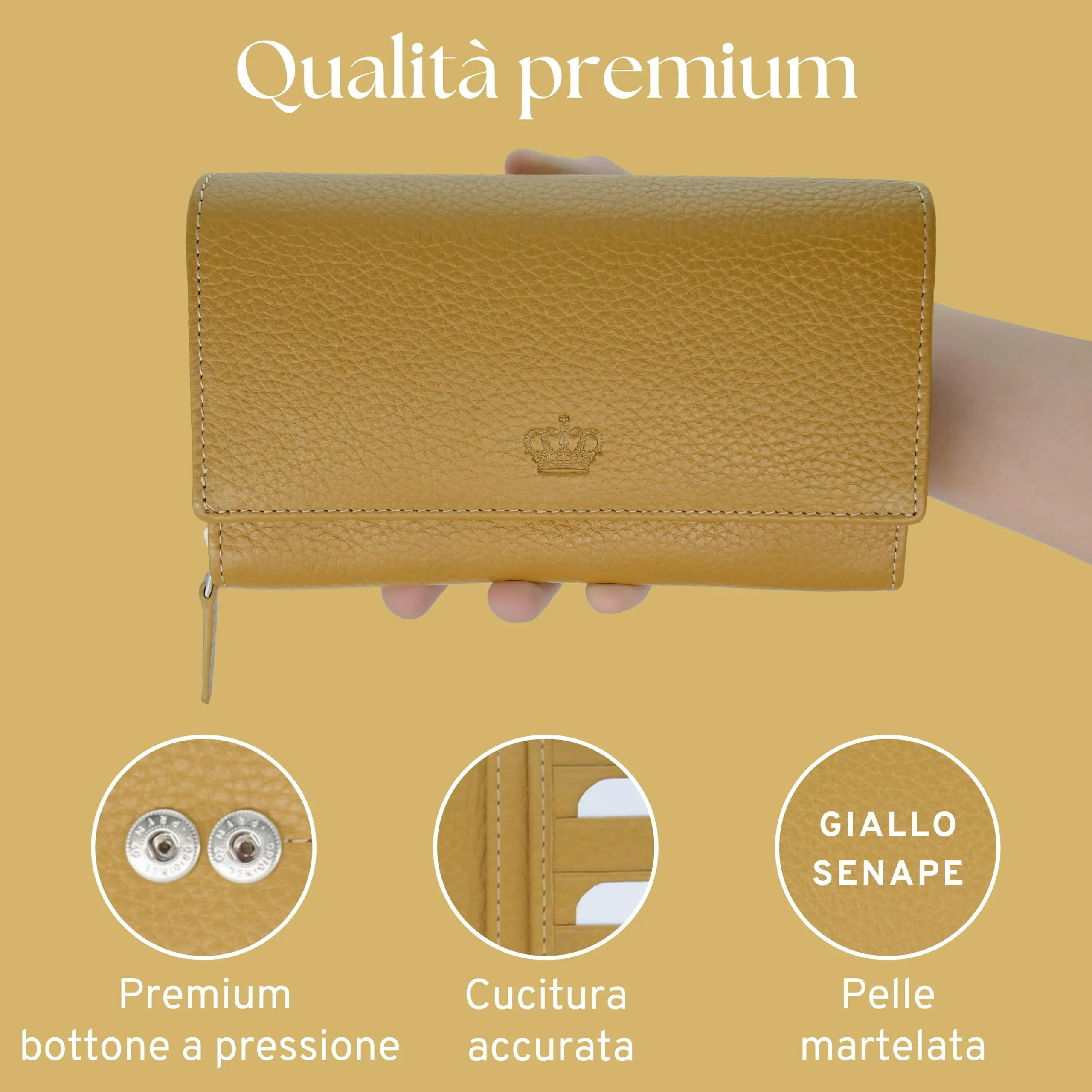 Baur portafoglio da donna XXL – vera pelle con protezione RFID – portafoglio extra grande con 18 scomparti per carte – chiusura a bottone a pressione & tasca portamonete con cerniera (Giallo senape) - immagine 5