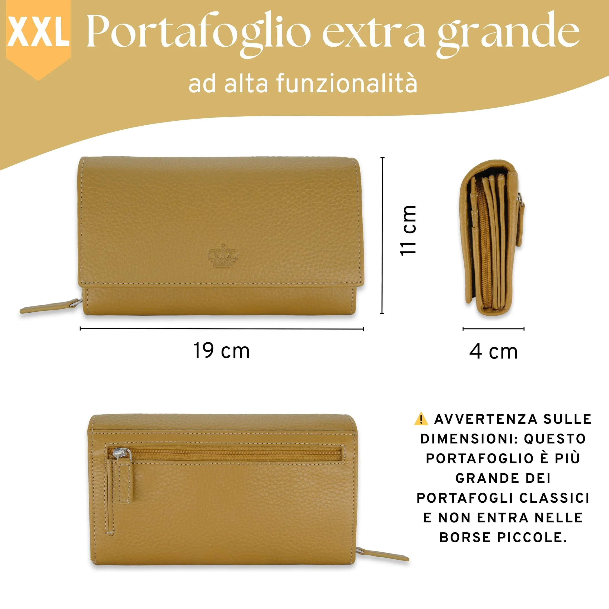 Baur portafoglio da donna XXL – vera pelle con protezione RFID – portafoglio extra grande con 18 scomparti per carte – chiusura a bottone a pressione & tasca portamonete con cerniera (Giallo senape) - immagine 6