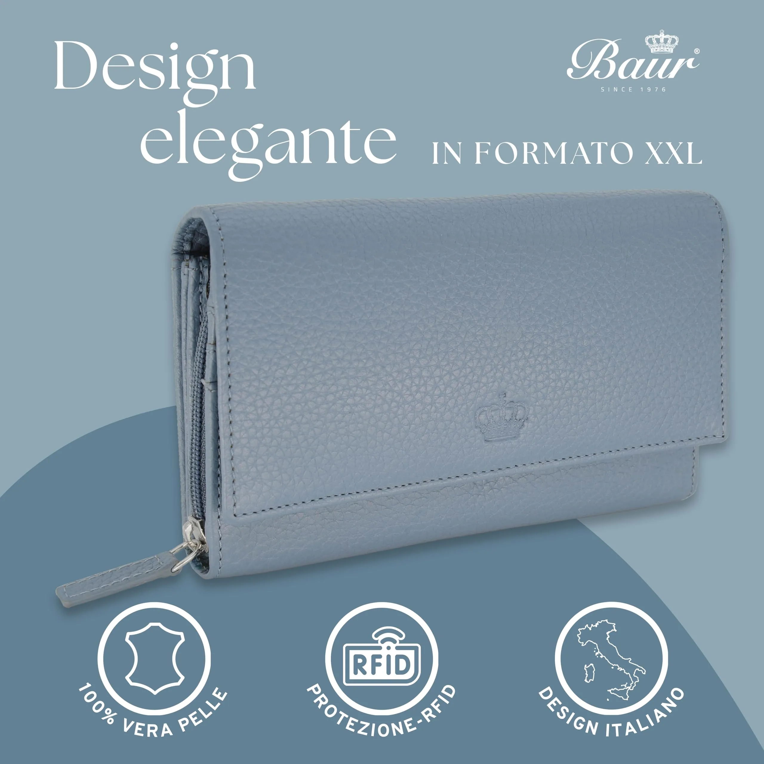 Baur portafoglio da donna XXL – vera pelle con protezione RFID – portafoglio extra grande con 18 scomparti per carte – chiusura a bottone a pressione & tasca portamonete con cerniera (Blu colomba) - immagine 2