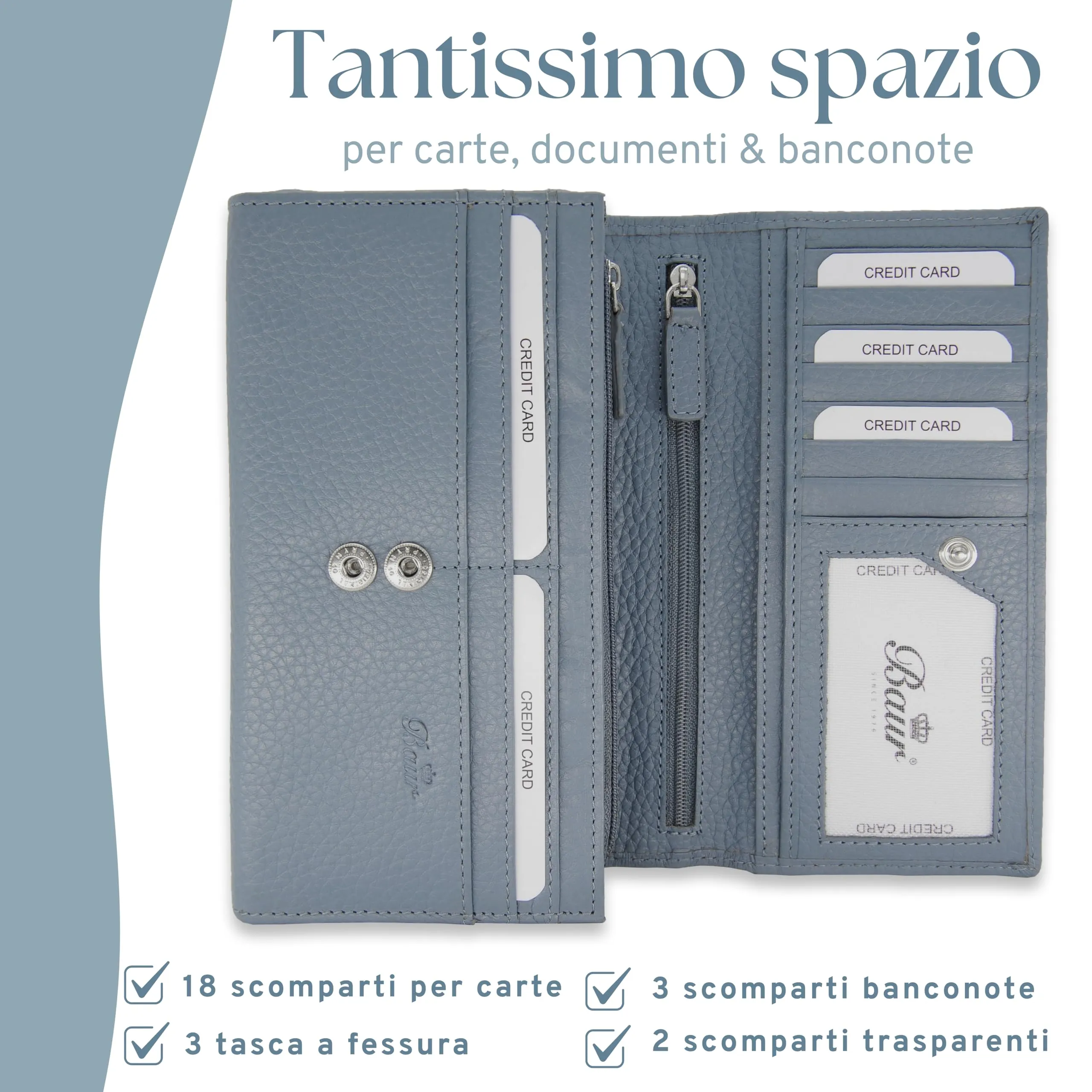 Baur portafoglio da donna XXL – vera pelle con protezione RFID – portafoglio extra grande con 18 scomparti per carte – chiusura a bottone a pressione & tasca portamonete con cerniera (Blu colomba) - immagine 4