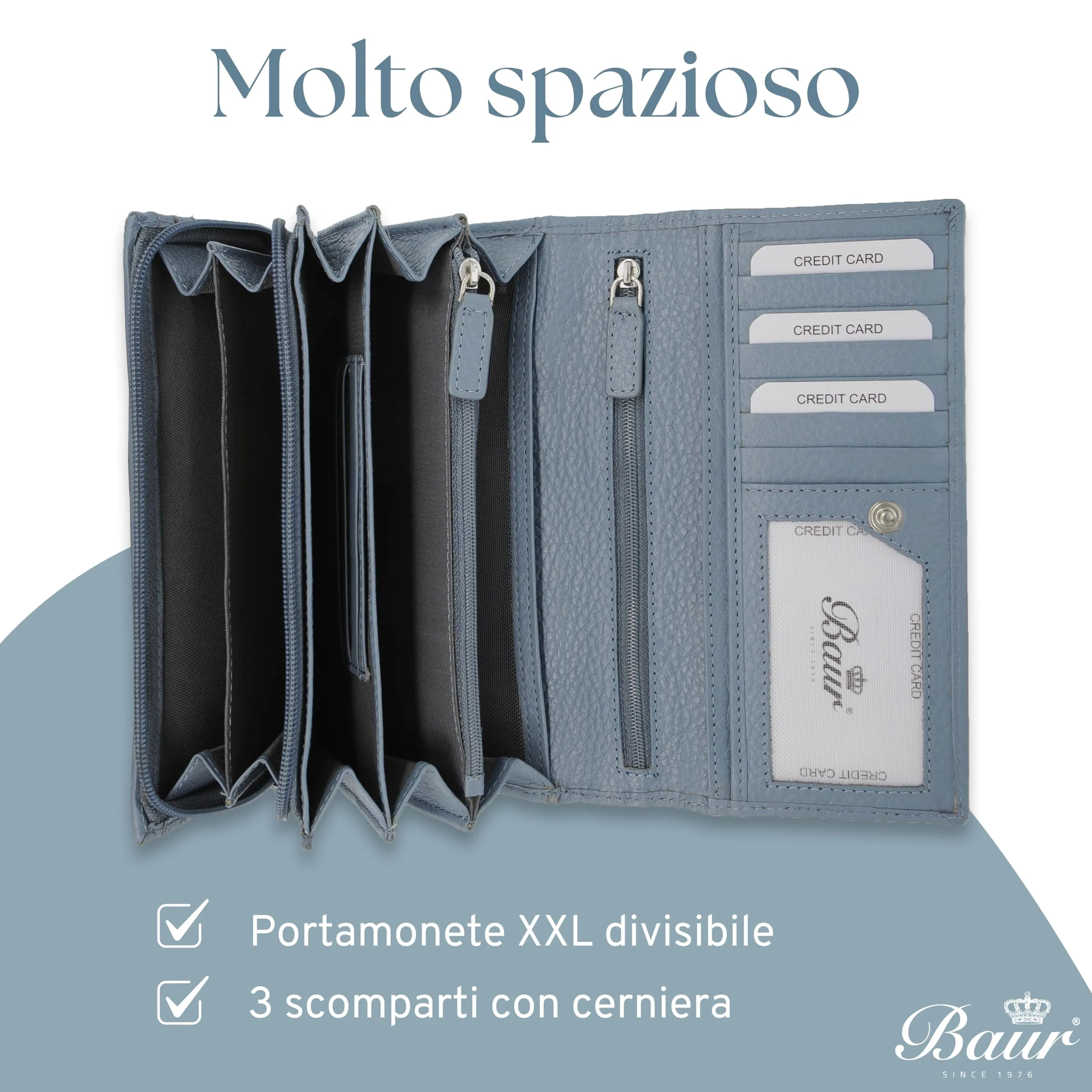Baur portafoglio da donna XXL – vera pelle con protezione RFID – portafoglio extra grande con 18 scomparti per carte – chiusura a bottone a pressione & tasca portamonete con cerniera (Blu colomba) - immagine 5