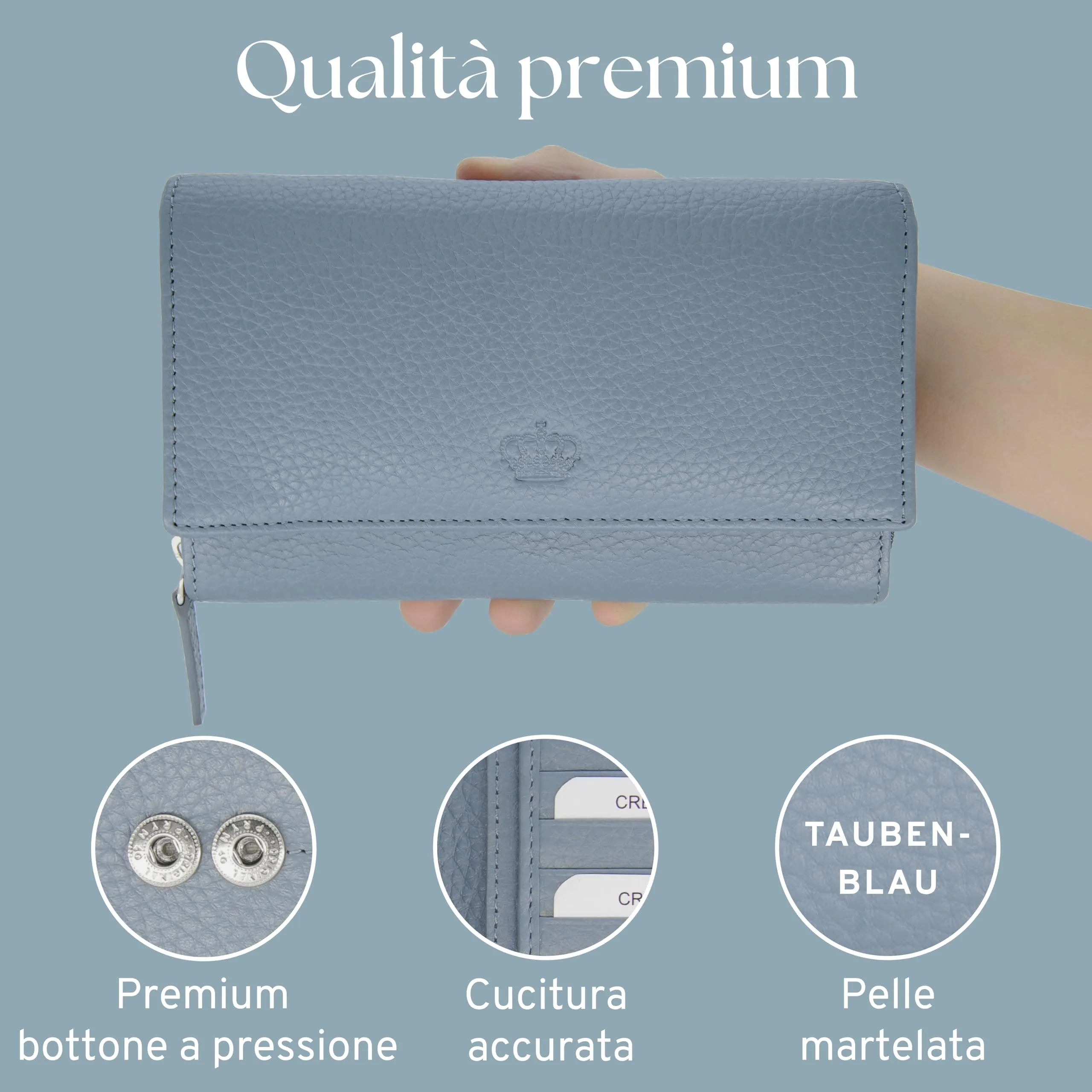 Baur portafoglio da donna XXL – vera pelle con protezione RFID – portafoglio extra grande con 18 scomparti per carte – chiusura a bottone a pressione & tasca portamonete con cerniera (Blu colomba) - immagine 6