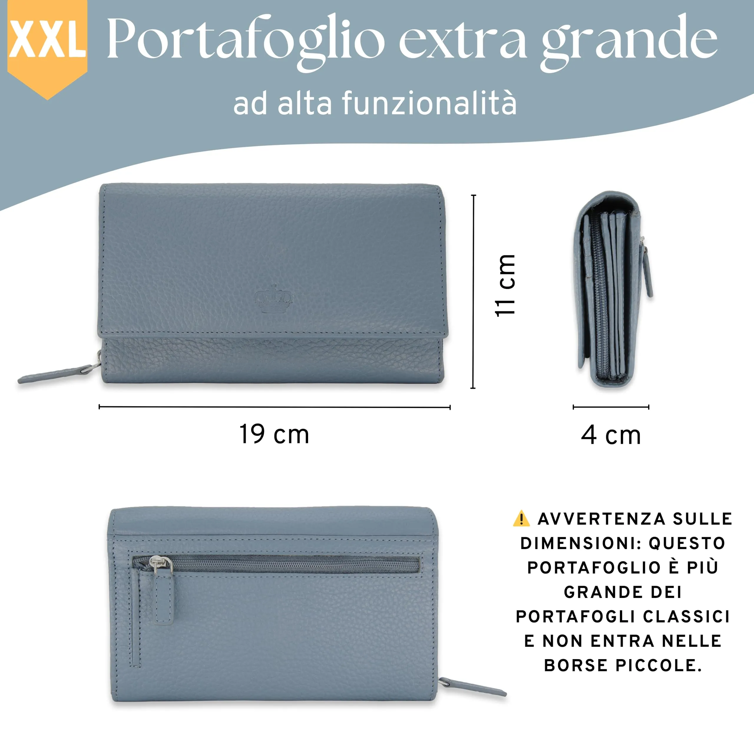 Baur portafoglio da donna XXL – vera pelle con protezione RFID – portafoglio extra grande con 18 scomparti per carte – chiusura a bottone a pressione & tasca portamonete con cerniera (Blu colomba) - immagine 7