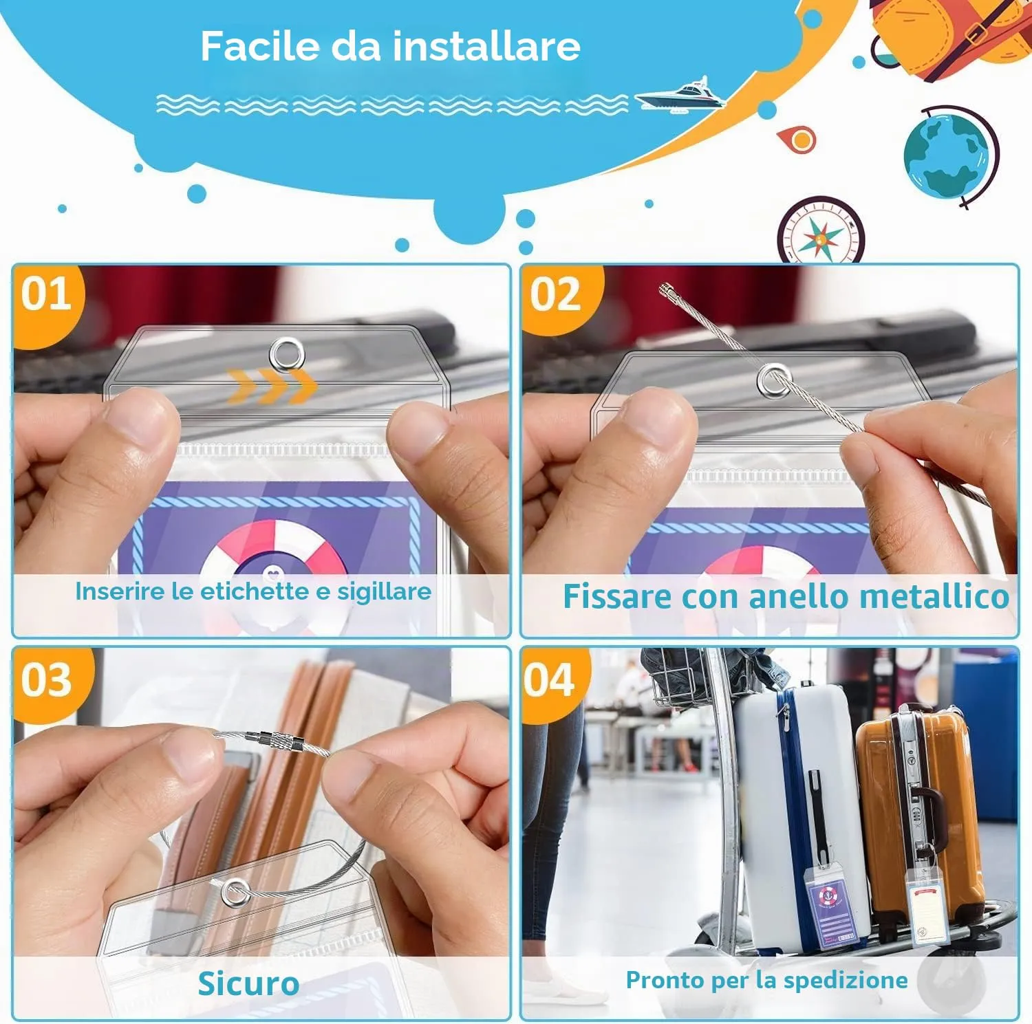 Etichette per Bagagli per Crociere, Etichette per Valigie Crociere Aida Robusta in PVC Impermeabile Trasparente per Mein Schiff, Etichetta per Bagagli Crociera con Nastro Metallico Avvitabile (8) - immagine 7