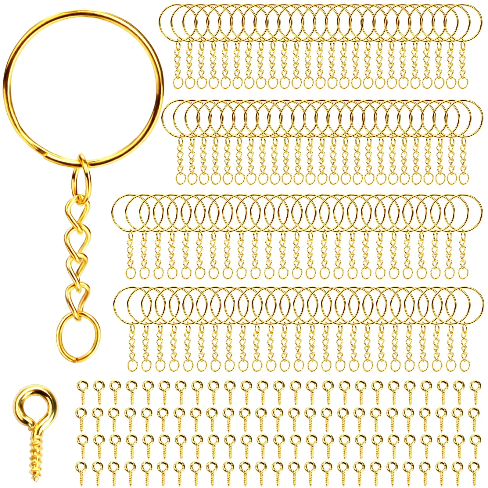 Set di 200 Portachiavi Con Catena (100 Anelli e 100 Perni Con Occhiello a Vite), Anelli da 25 mm per Chiavi, Borse Fai Da Te (Oro) - immagine 1