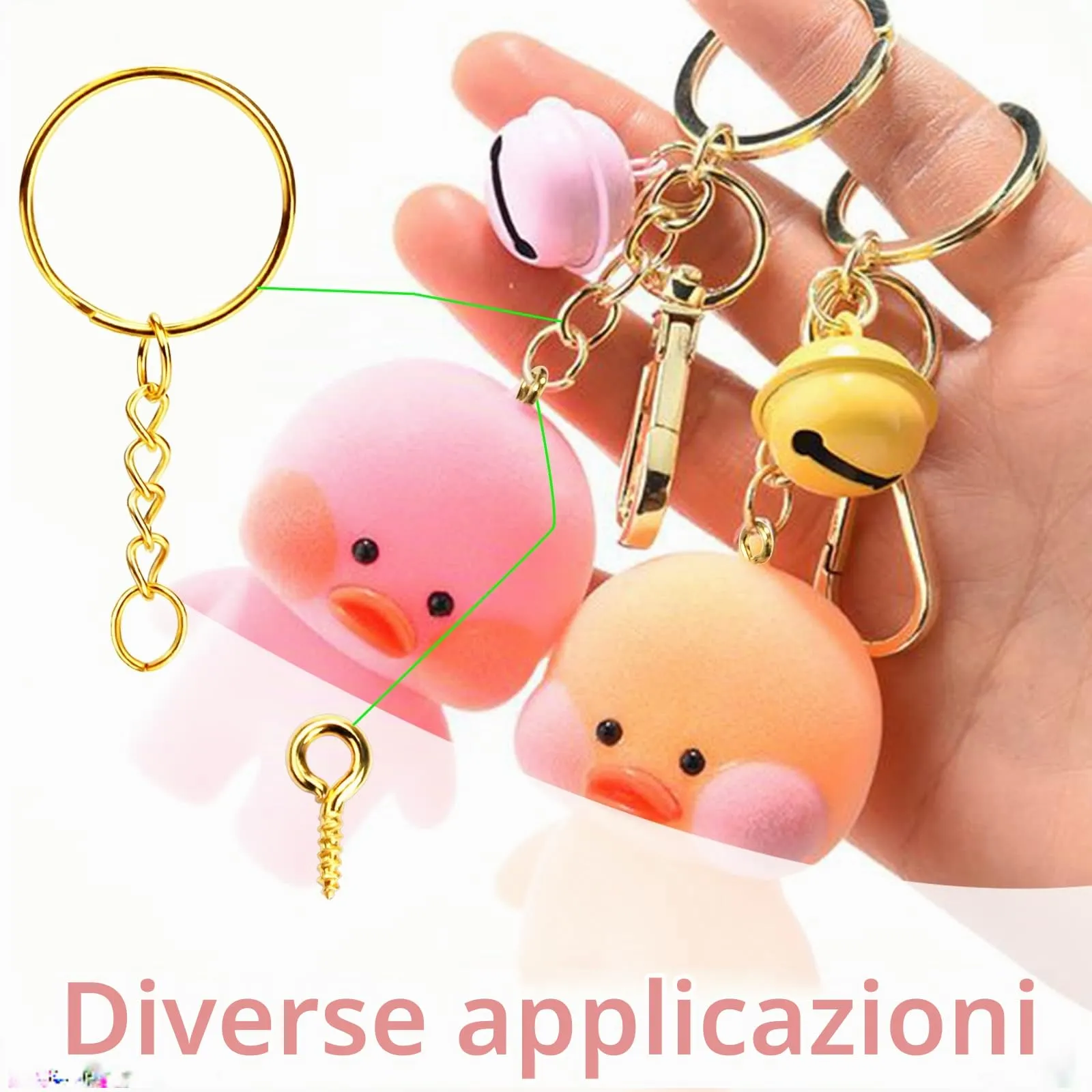 Set di 200 Portachiavi Con Catena (100 Anelli e 100 Perni Con Occhiello a Vite), Anelli da 25 mm per Chiavi, Borse Fai Da Te (Oro) - immagine 6