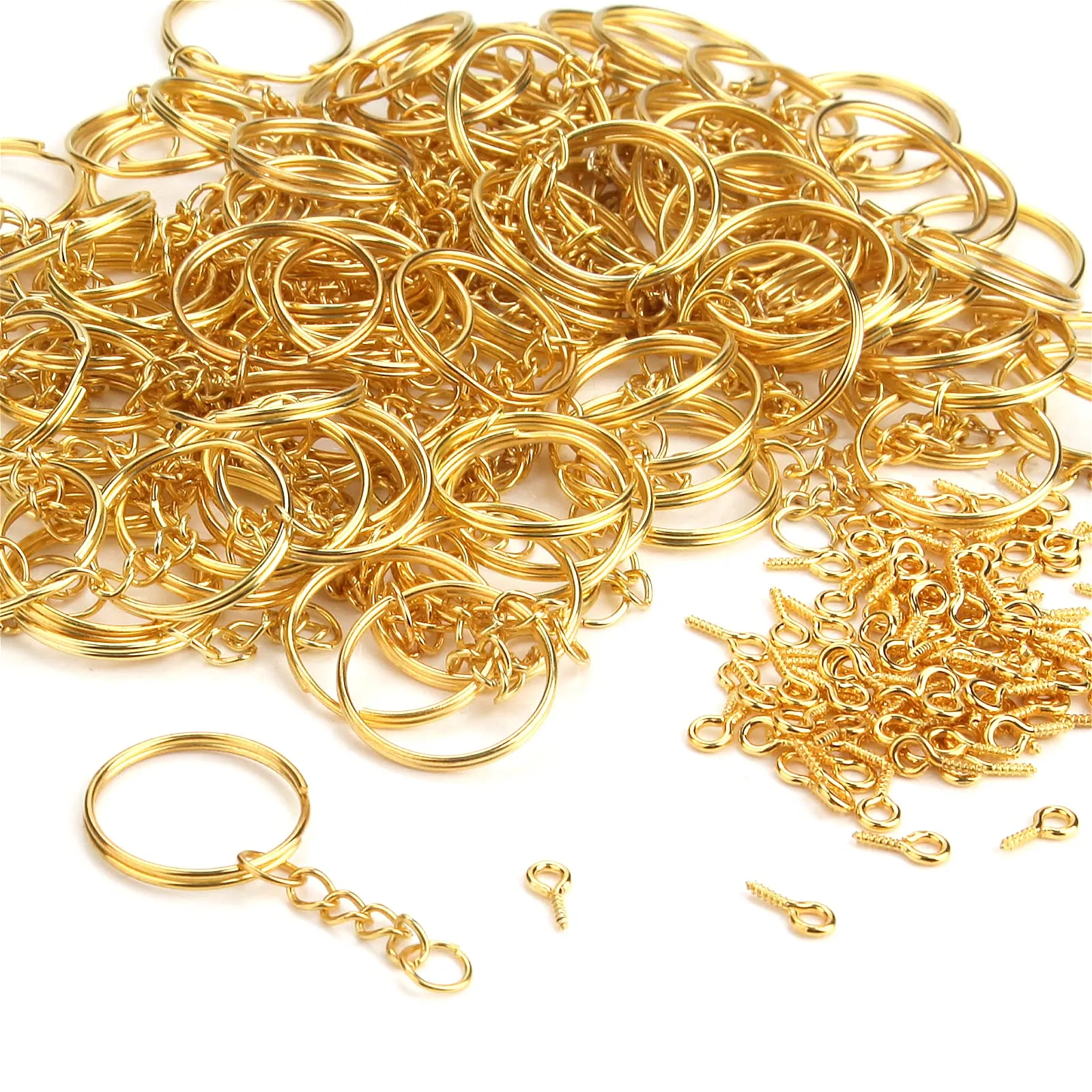 Set di 200 Portachiavi Con Catena (100 Anelli e 100 Perni Con Occhiello a Vite), Anelli da 25 mm per Chiavi, Borse Fai Da Te (Oro) - immagine 7