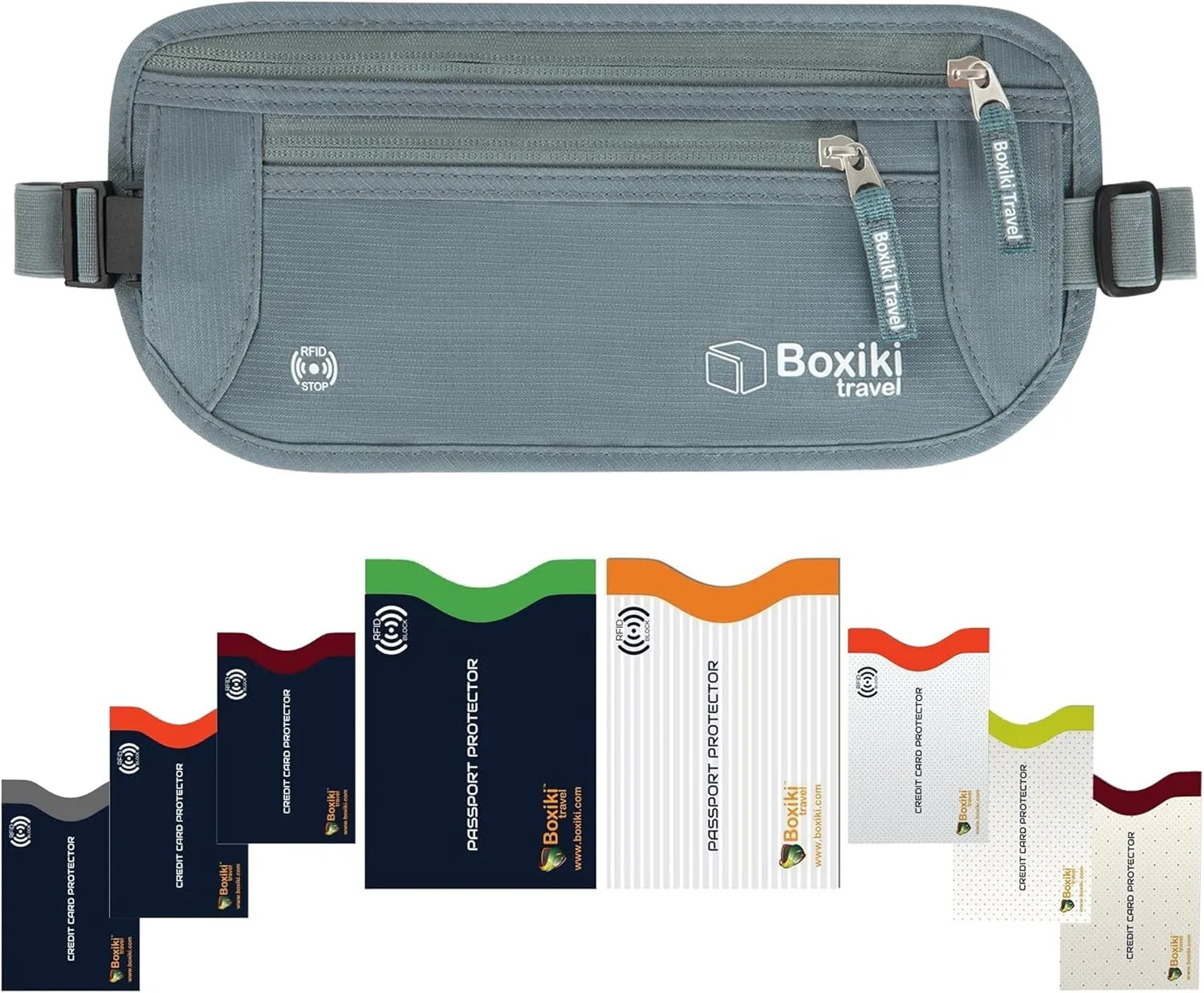 Boxiki Travel Marsupio Portasoldi Grigio 8 Buste RFID (3 Buste per Carte di Credito e 1 Busta per Passaporto Blu Navy & 3 Buste per Carte di Credito e 1 Busta per Passaporto Bianco) - immagine 1