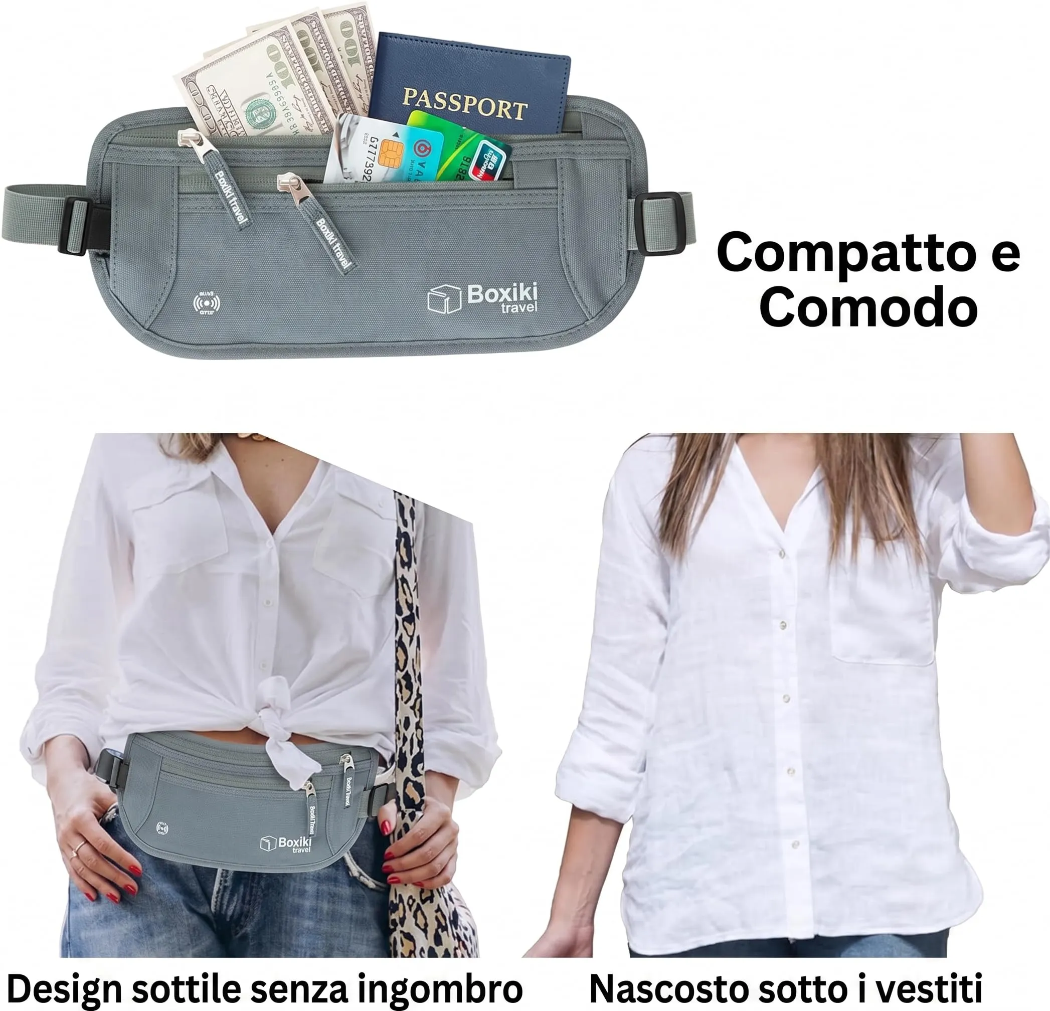 Boxiki Travel Marsupio Portasoldi Grigio 8 Buste RFID (3 Buste per Carte di Credito e 1 Busta per Passaporto Blu Navy & 3 Buste per Carte di Credito e 1 Busta per Passaporto Bianco) - immagine 6