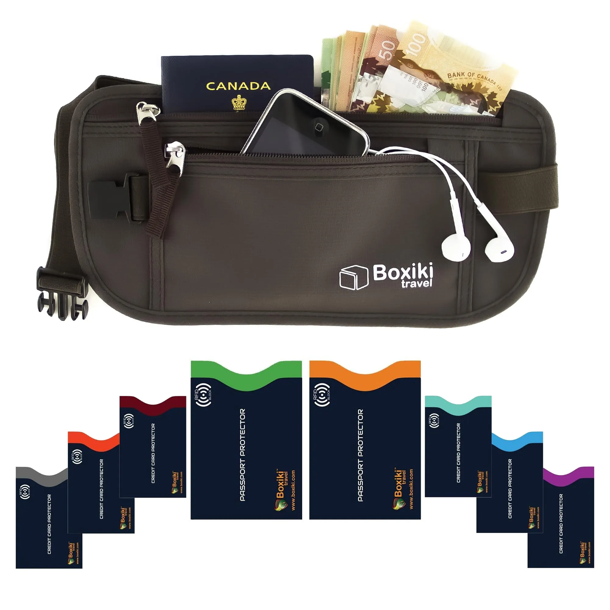 Boxiki Travel Marsupio Portasoldi Marrone 8 Buste RFID Blu Navy (6 Buste per Carte di Credito + 2 Buste per Passaporto) - immagine 1