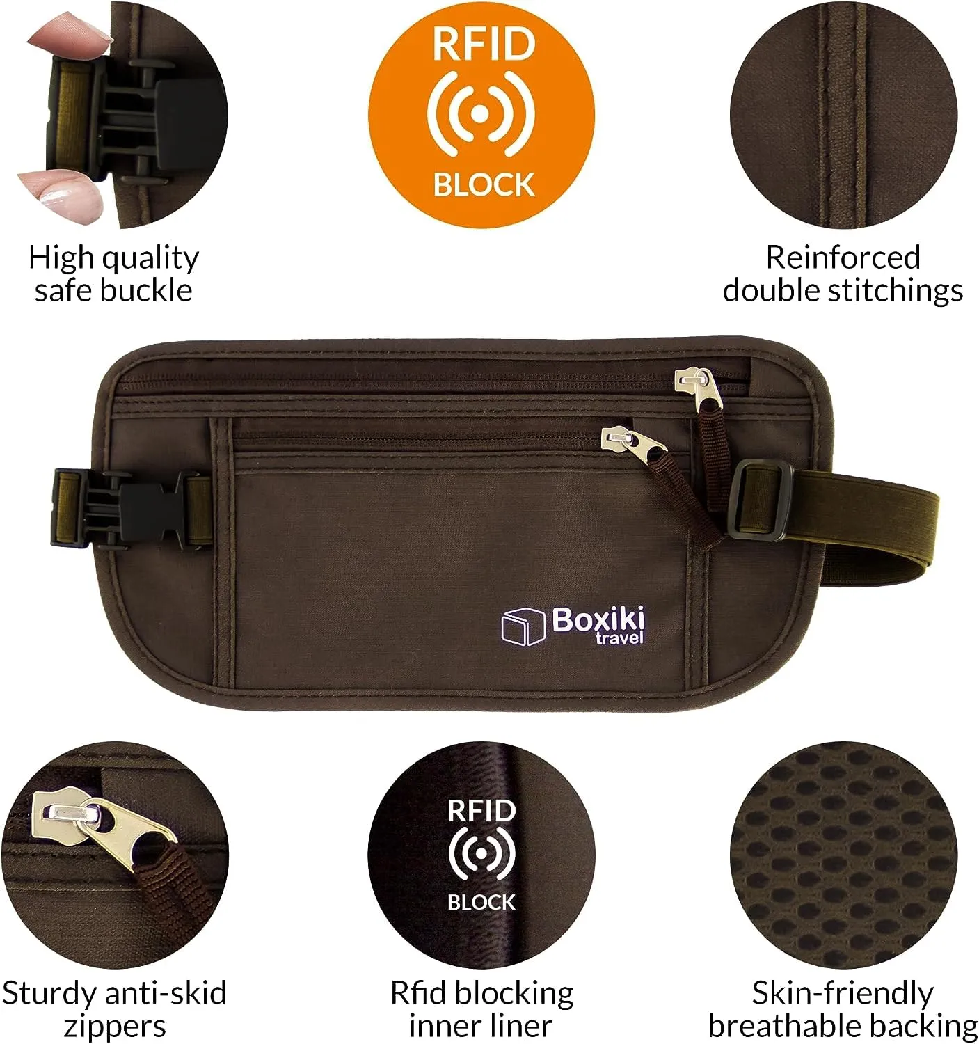Boxiki Travel Marsupio Portasoldi Marrone 8 Buste RFID Blu Navy (6 Buste per Carte di Credito + 2 Buste per Passaporto) - immagine 2