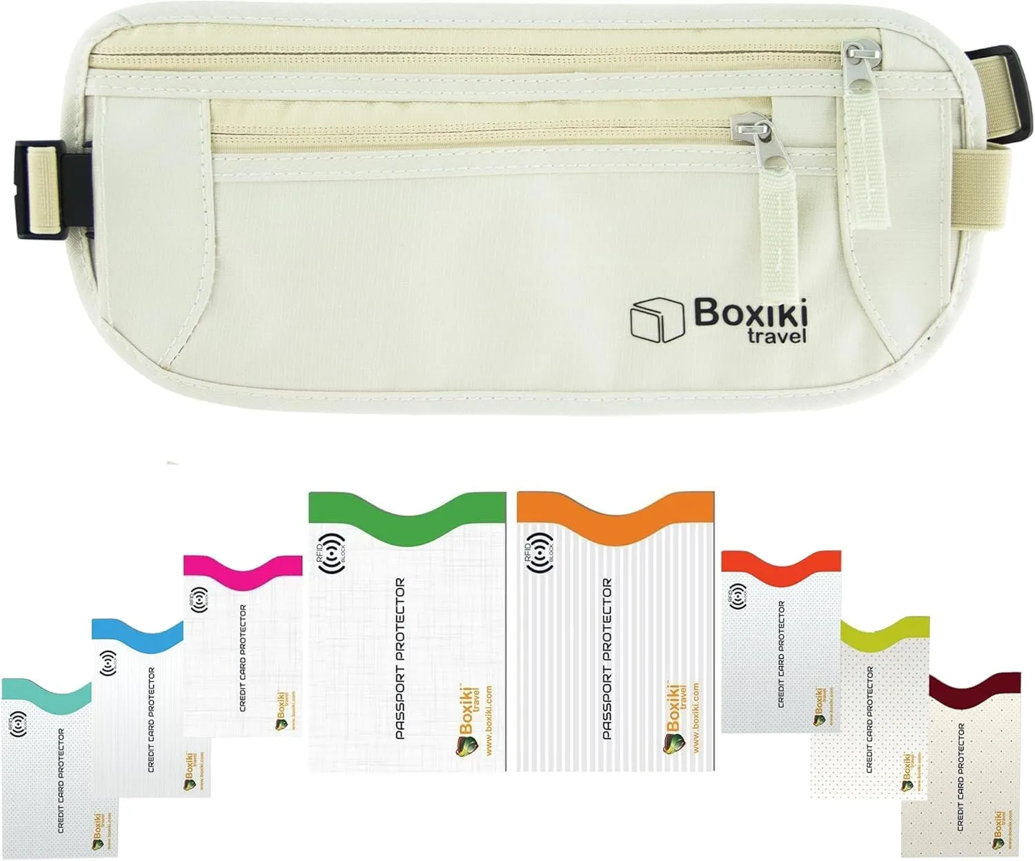 Marsupio Portasoldi Viaggio RFID Beige con 8 Buste Antifurto Blu Navy, Portasoldi Nascosto Sotto Vestiti con Protezione Triplo Strato per Carte e Passaporto, Boxiki Travel - immagine 1