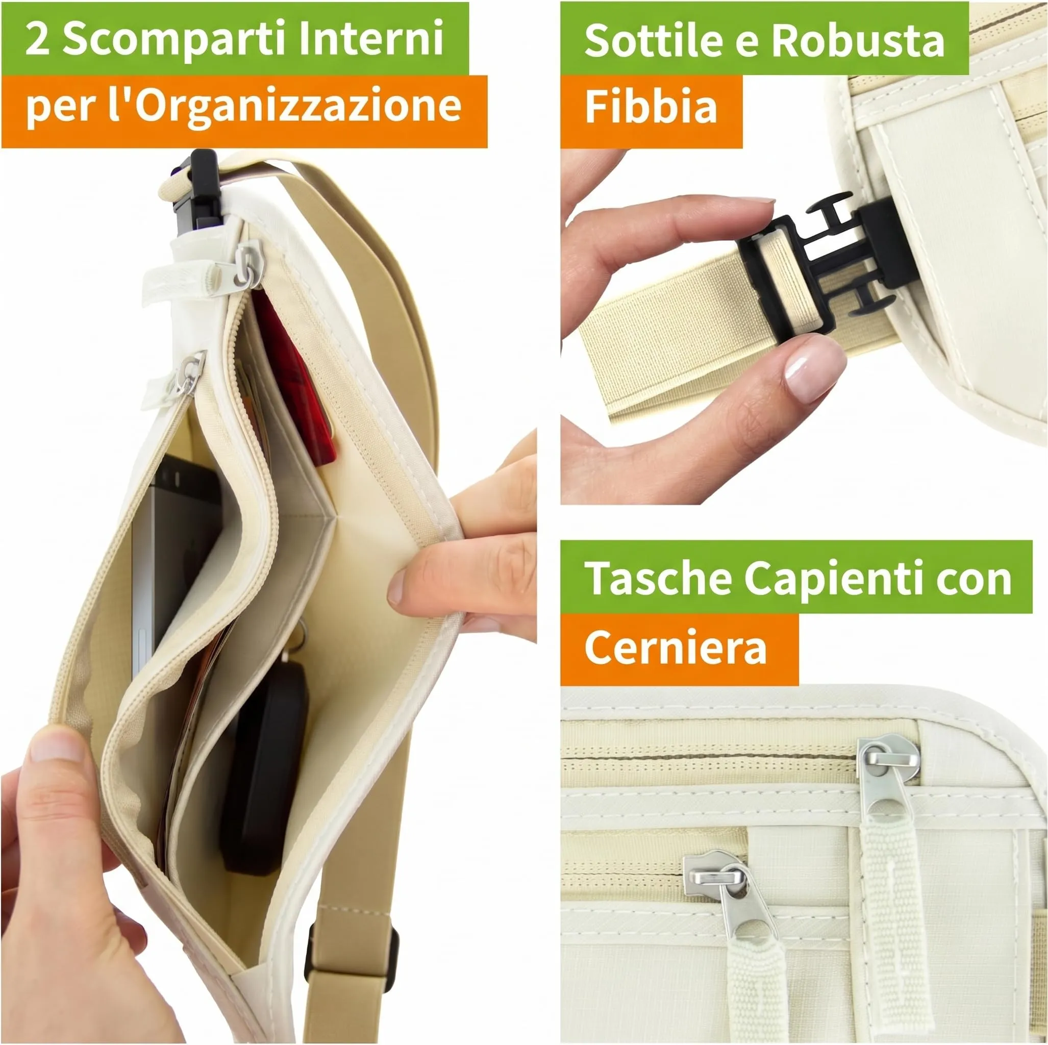 Marsupio Portasoldi Viaggio RFID Beige con 8 Buste Antifurto Blu Navy, Portasoldi Nascosto Sotto Vestiti con Protezione Triplo Strato per Carte e Passaporto, Boxiki Travel - immagine 4