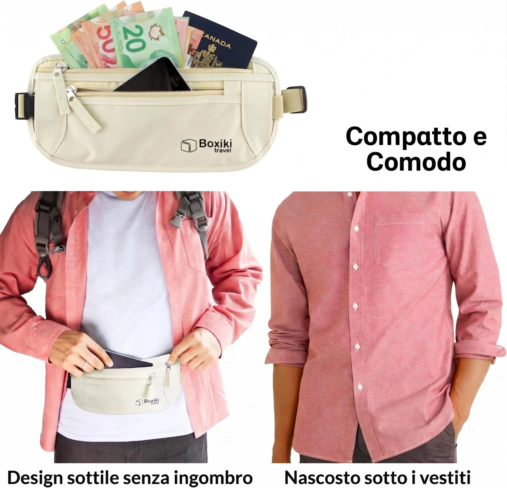 Marsupio Portasoldi Viaggio RFID Beige con 8 Buste Antifurto Blu Navy, Portasoldi Nascosto Sotto Vestiti con Protezione Triplo Strato per Carte e Passaporto, Boxiki Travel - immagine 5
