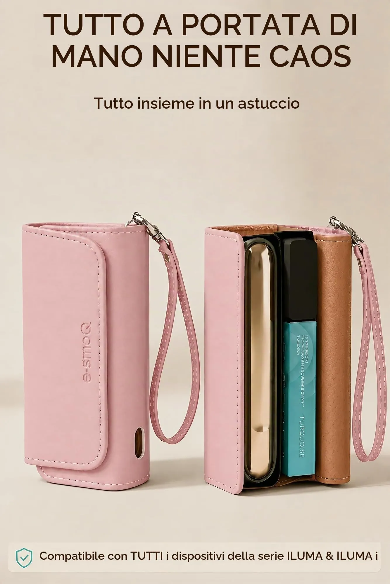 [20+ Colori] e-smoQ Custodia per IQOS ILUMA, Cover in Pelle PU di Alta Qualità - Borsello/Astuccio Sigaretta Elettronica, Organizer per Accessori (Rosa) - immagine 2