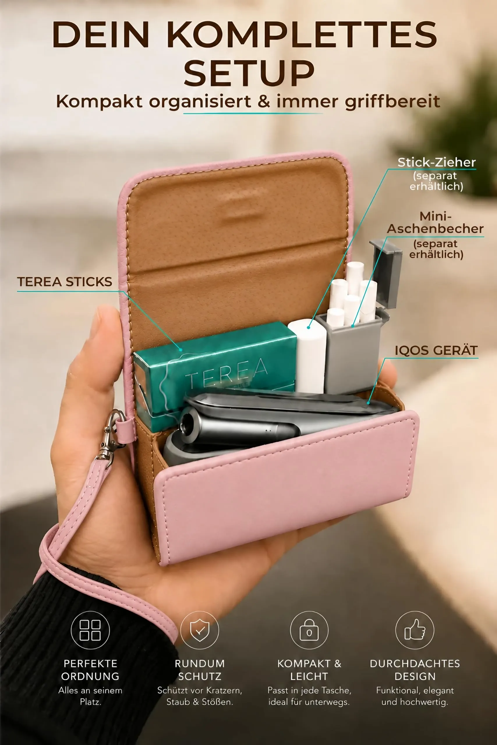 [20+ Colori] e-smoQ Custodia per IQOS ILUMA, Cover in Pelle PU di Alta Qualità - Borsello/Astuccio Sigaretta Elettronica, Organizer per Accessori (Rosa) - immagine 3