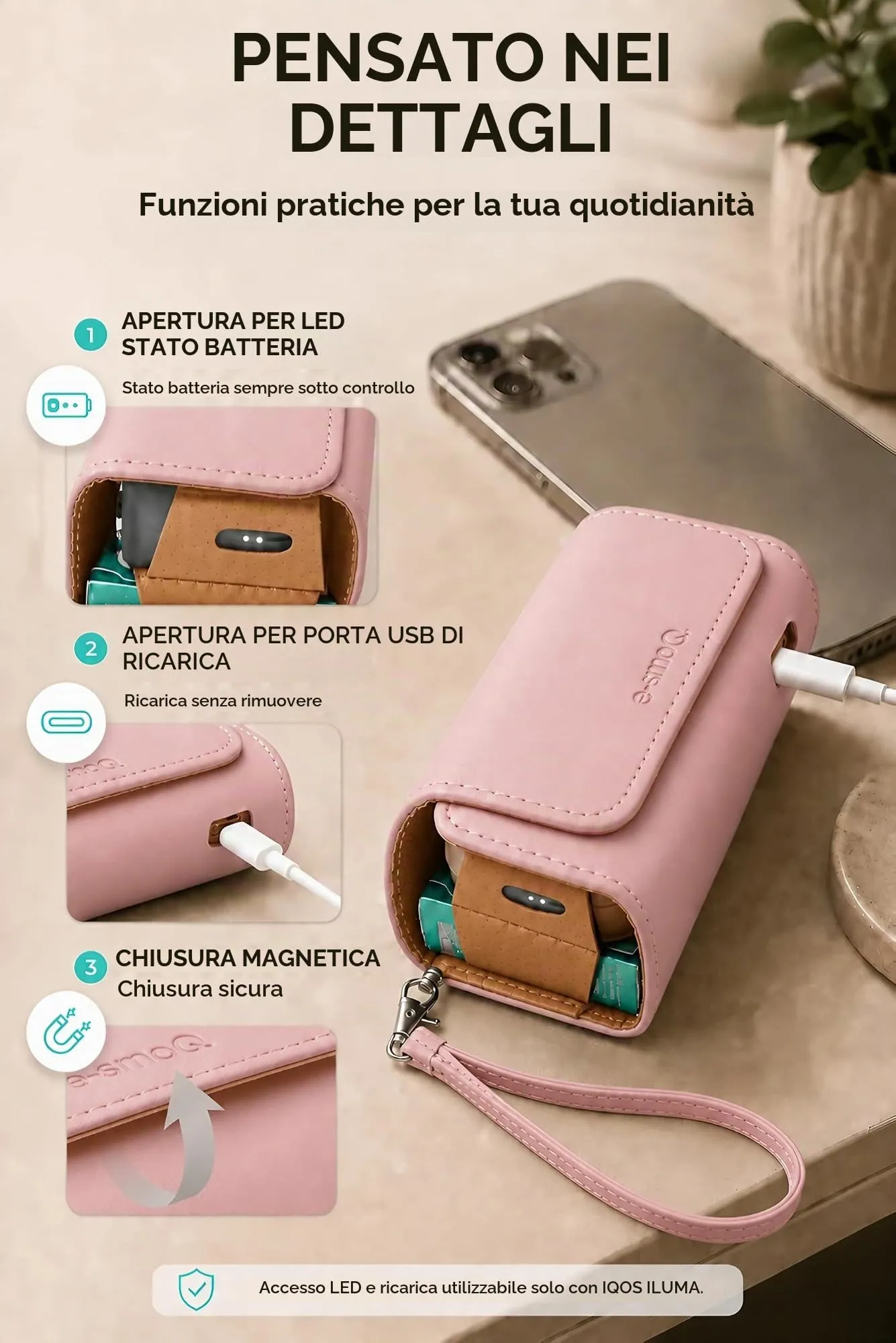 [20+ Colori] e-smoQ Custodia per IQOS ILUMA, Cover in Pelle PU di Alta Qualità - Borsello/Astuccio Sigaretta Elettronica, Organizer per Accessori (Rosa) - immagine 6