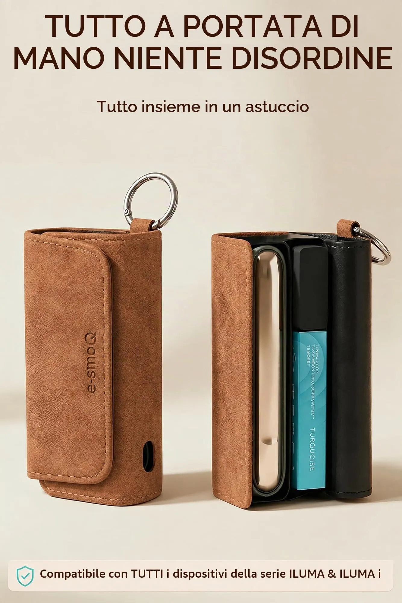 [20+ Colori] e-smoQ Custodia per IQOS ILUMA, Cover in Pelle PU di Alta Qualità - Borsello/Astuccio Sigaretta Elettronica, Organizer per Accessori (Marrone) - immagine 2