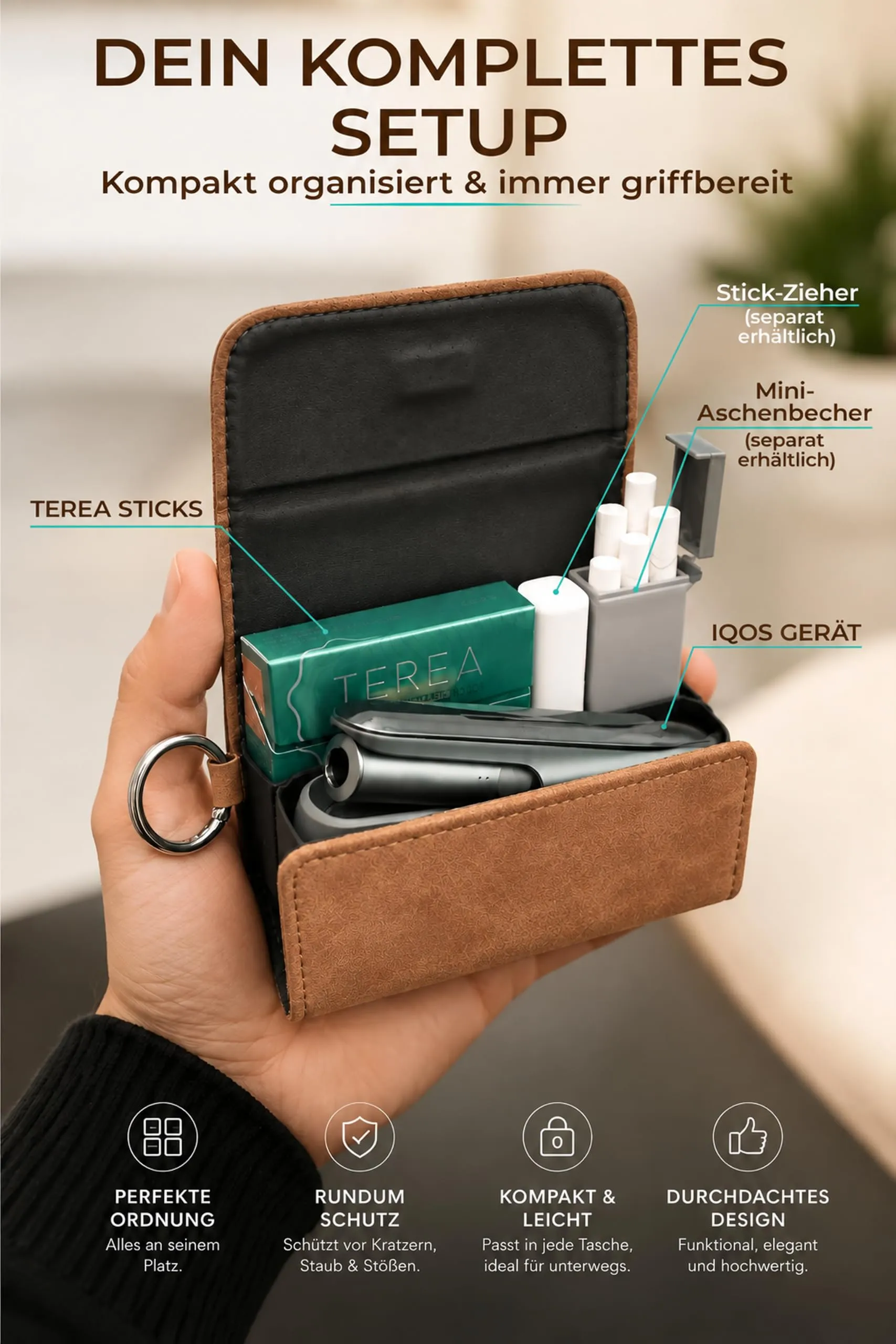 [20+ Colori] e-smoQ Custodia per IQOS ILUMA, Cover in Pelle PU di Alta Qualità - Borsello/Astuccio Sigaretta Elettronica, Organizer per Accessori (Marrone) - immagine 3