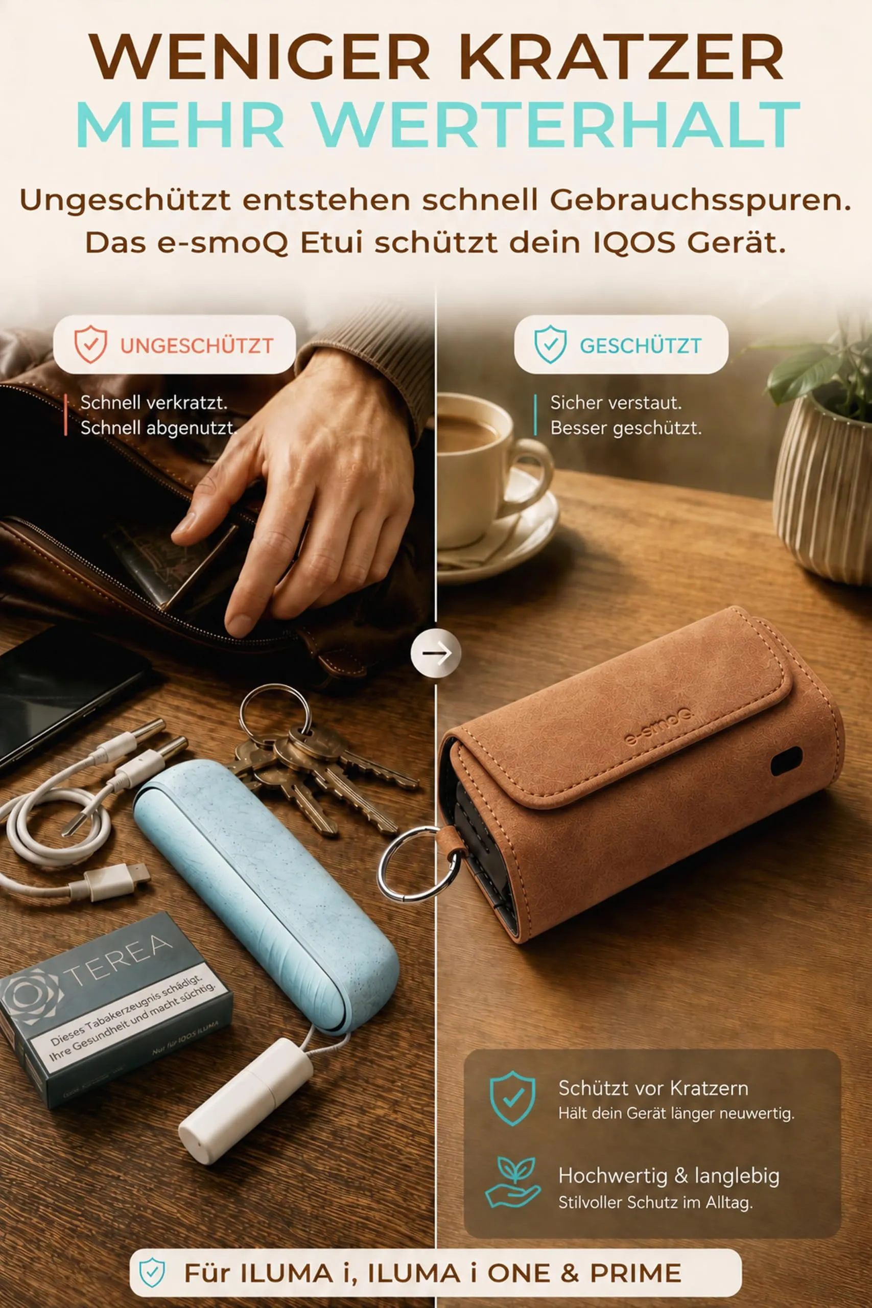 [20+ Colori] e-smoQ Custodia per IQOS ILUMA, Cover in Pelle PU di Alta Qualità - Borsello/Astuccio Sigaretta Elettronica, Organizer per Accessori (Marrone) - immagine 5