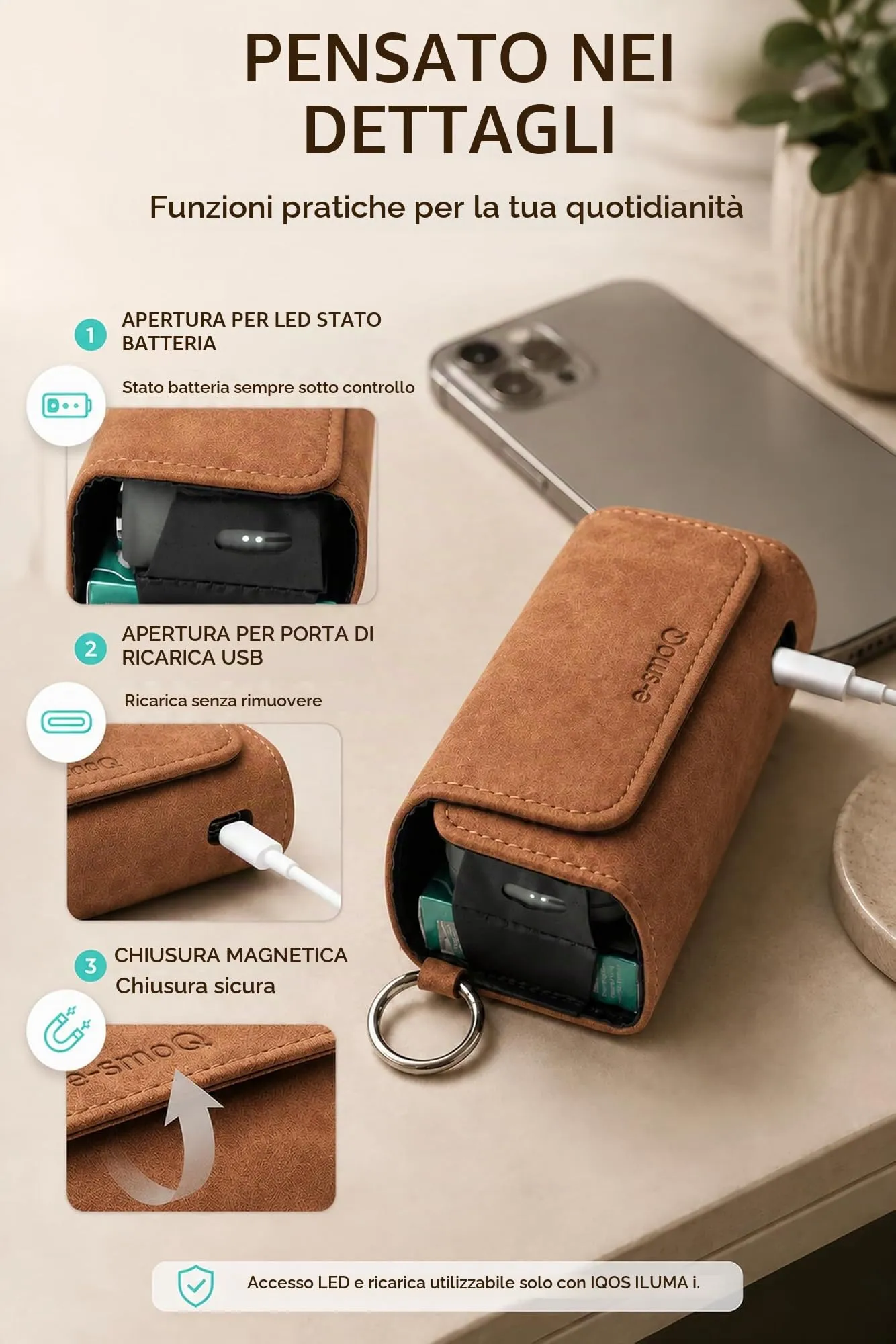[20+ Colori] e-smoQ Custodia per IQOS ILUMA, Cover in Pelle PU di Alta Qualità - Borsello/Astuccio Sigaretta Elettronica, Organizer per Accessori (Marrone) - immagine 6