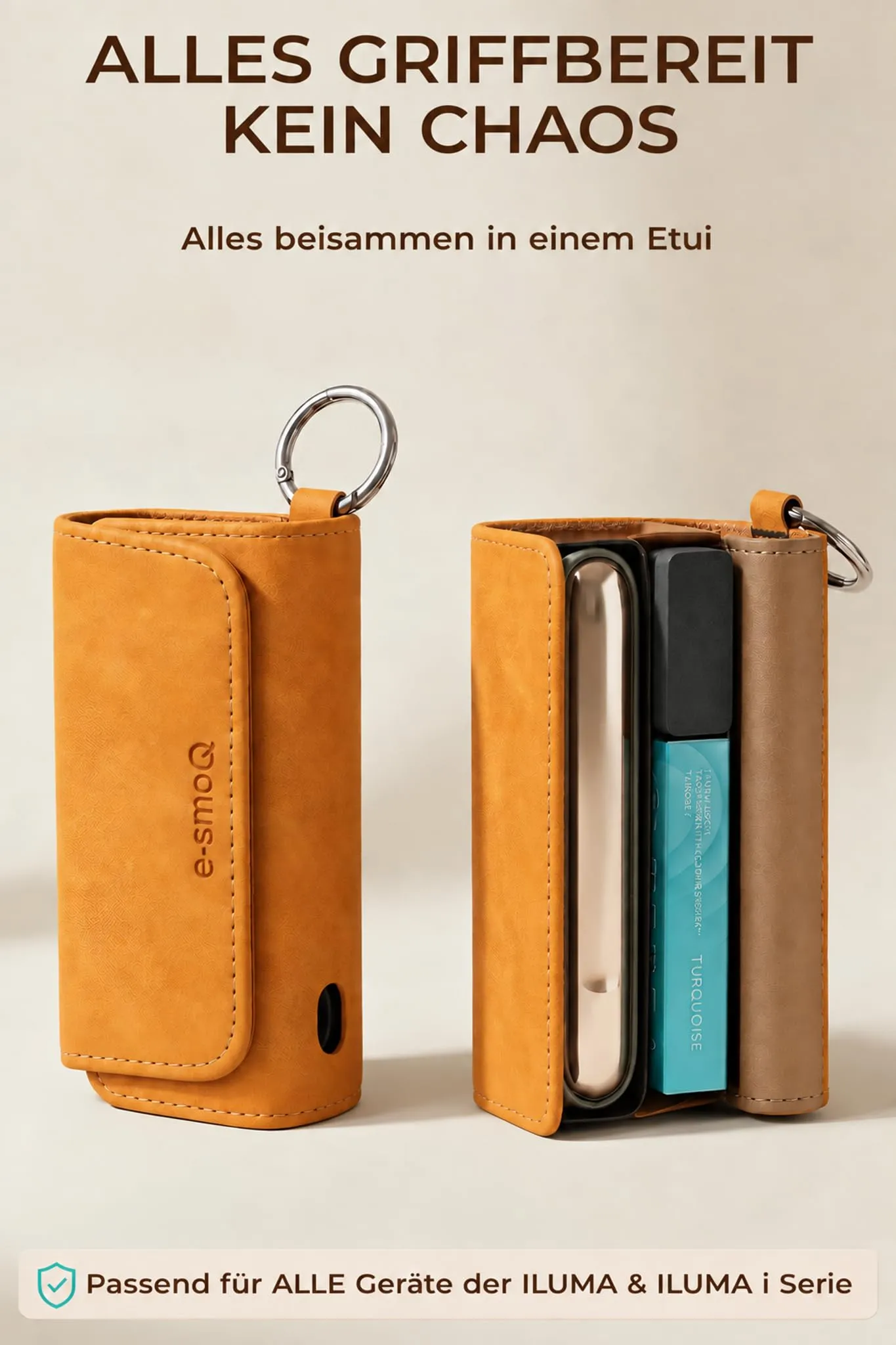 [20+ Colori] e-smoQ Custodia per IQOS ILUMA, Cover in Pelle PU di Alta Qualità - Borsello/Astuccio Sigaretta Elettronica, Organizer per Accessori (Arancia) - immagine 2
