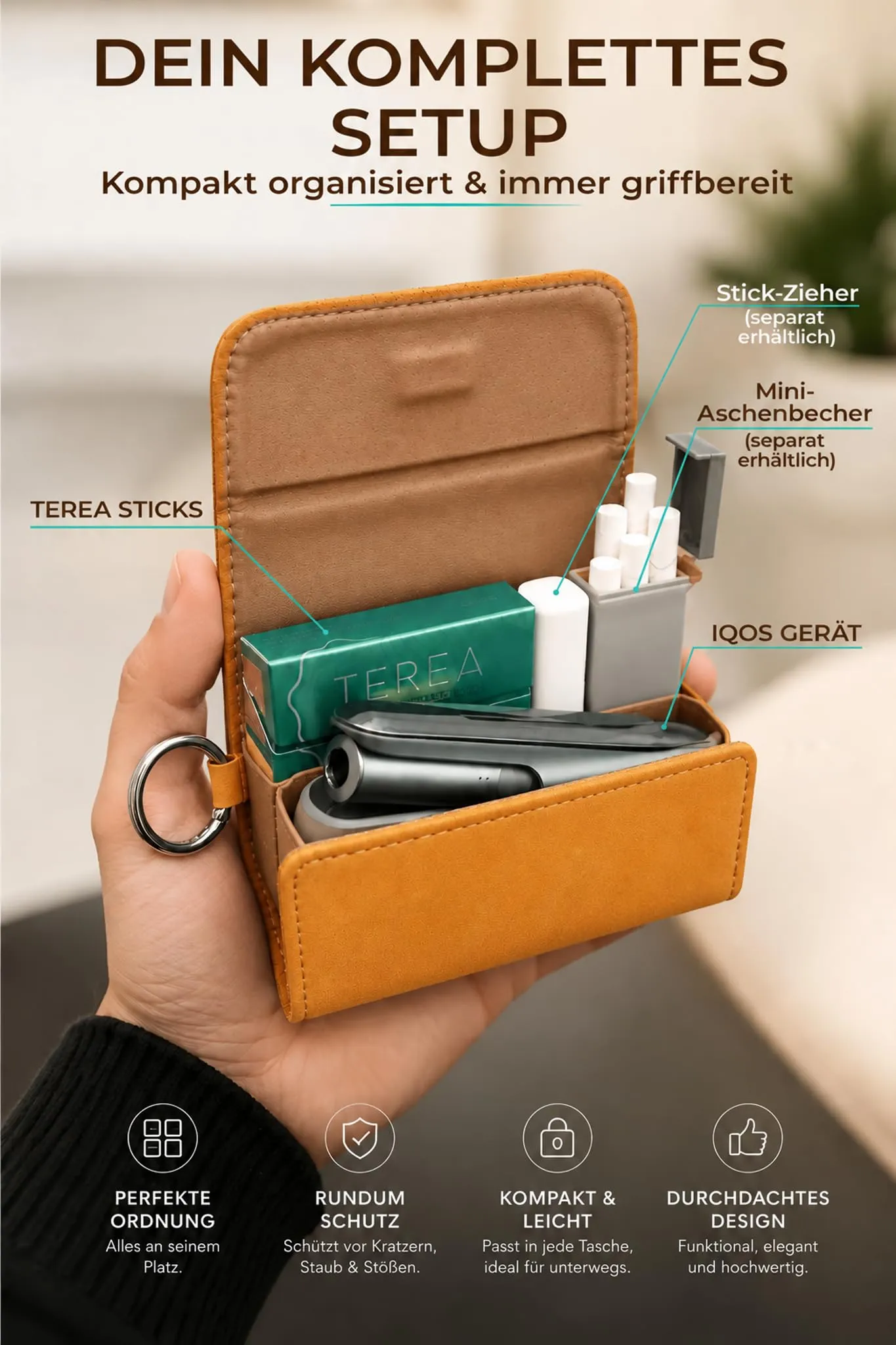 [20+ Colori] e-smoQ Custodia per IQOS ILUMA, Cover in Pelle PU di Alta Qualità - Borsello/Astuccio Sigaretta Elettronica, Organizer per Accessori (Arancia) - immagine 3